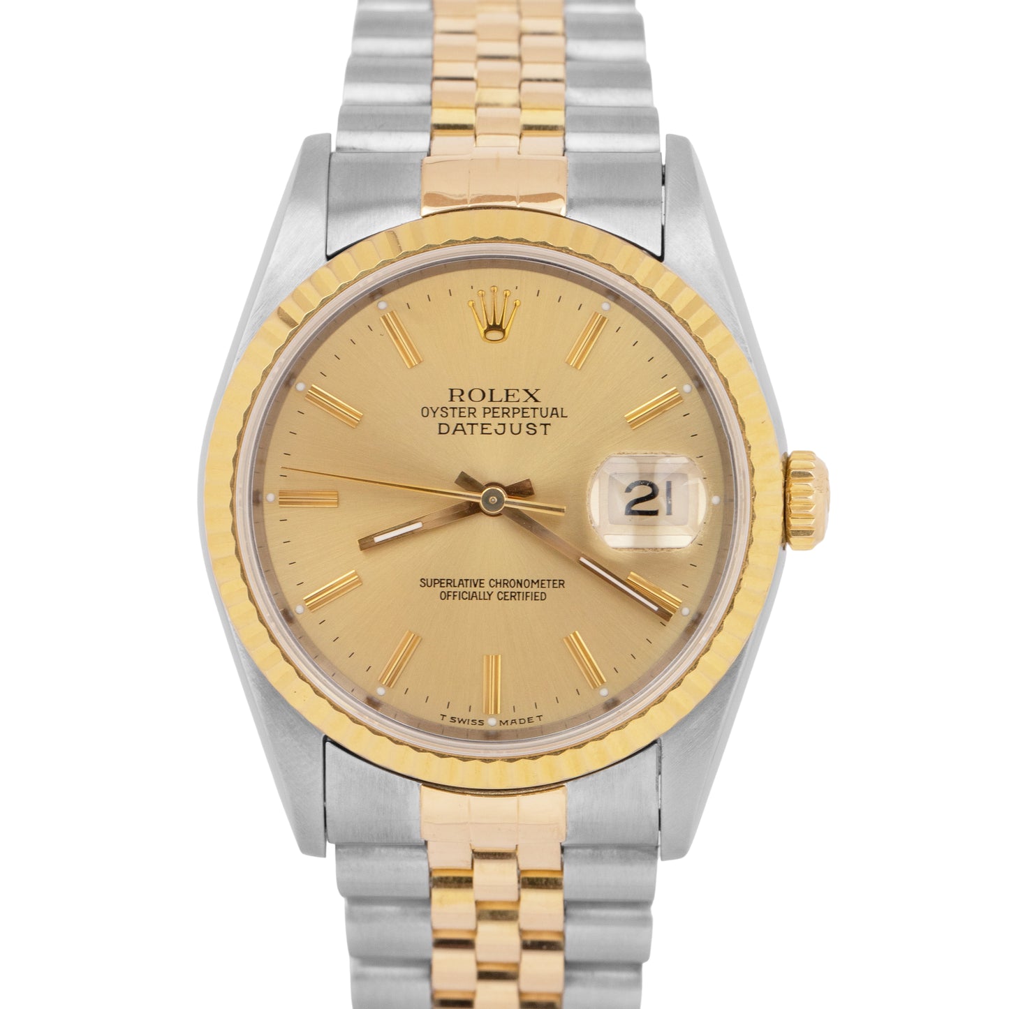 Rolex DateJust 36mm Champagne Dial NO-HOLES Steel 18K Yellow Gold 16233 Watch