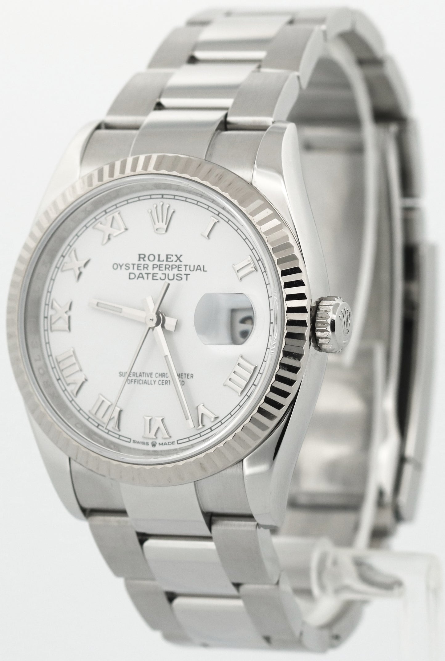 Rolex DateJust 36 WHITE ROMAN 18K Gold Stainless Fluted OYSTER 126234 36mm Watch