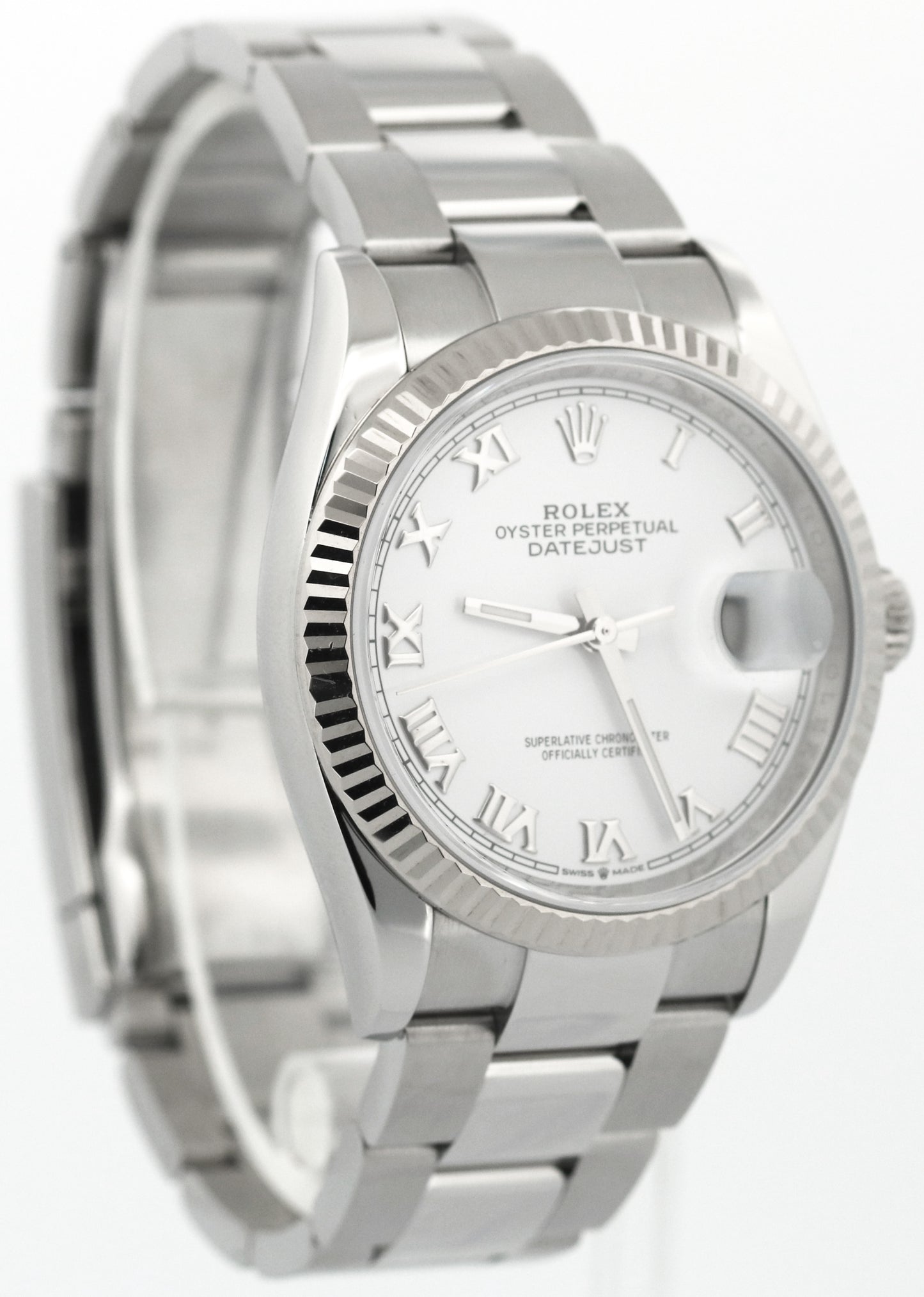 Rolex DateJust 36 WHITE ROMAN 18K Gold Stainless Fluted OYSTER 126234 36mm Watch