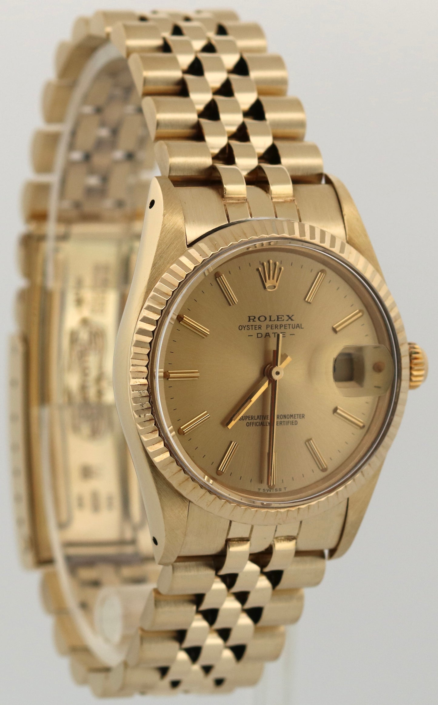 VINTAGE Rolex Oyster Perpetual Date 34mm CHAMPAGNE 14K Gold Fluted JUBILEE 15037