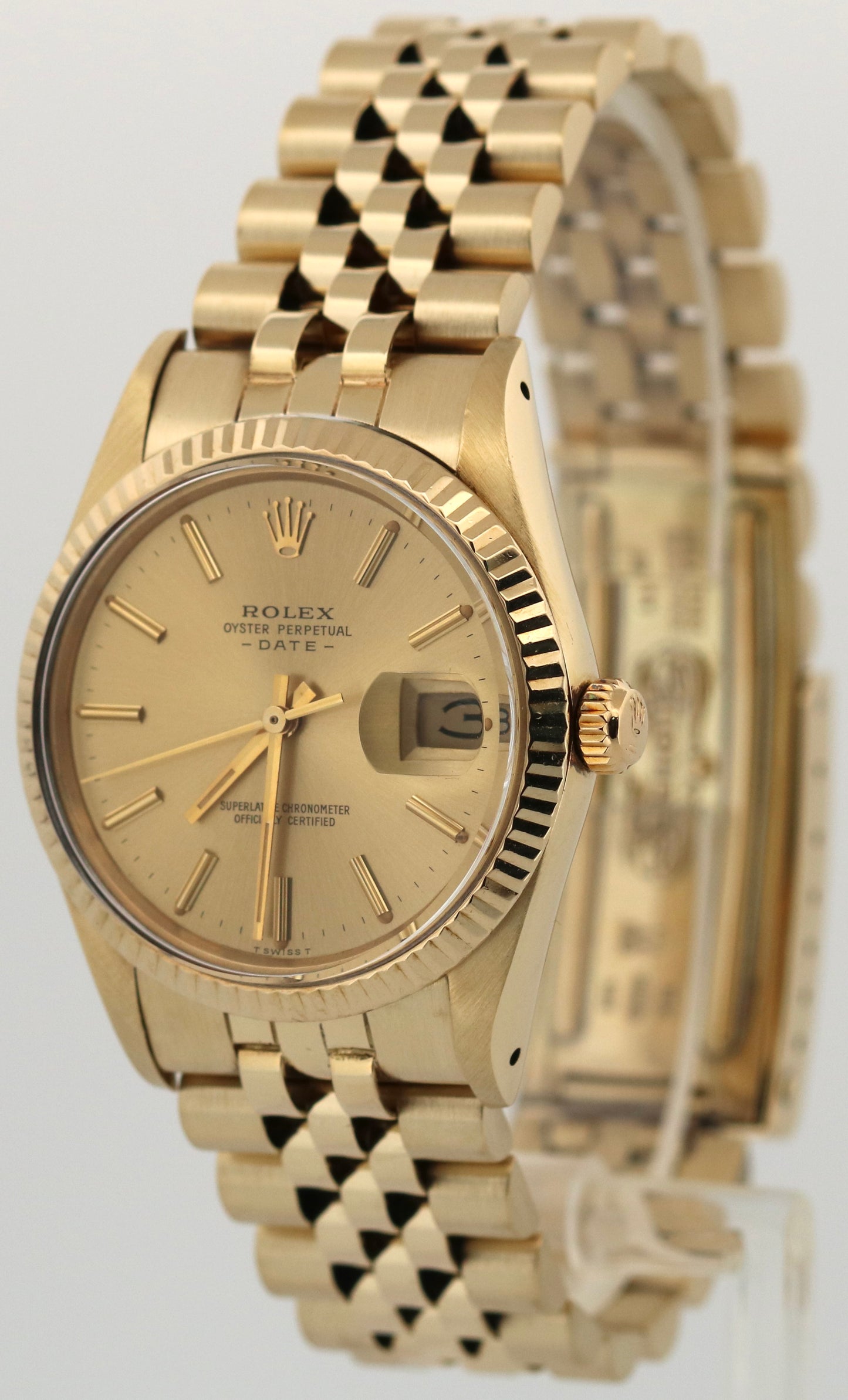 VINTAGE Rolex Oyster Perpetual Date 34mm CHAMPAGNE 14K Gold Fluted JUBILEE 15037