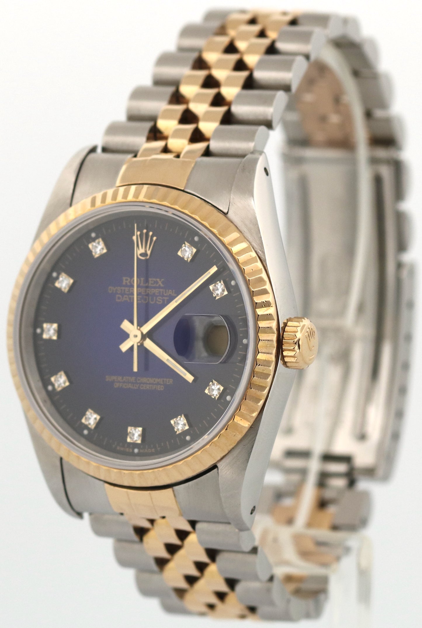 Rolex DateJust 36mm BLUE DIAMOND VIGNETTE Two-Tone 18K Gold Steel JUBILEE 16233