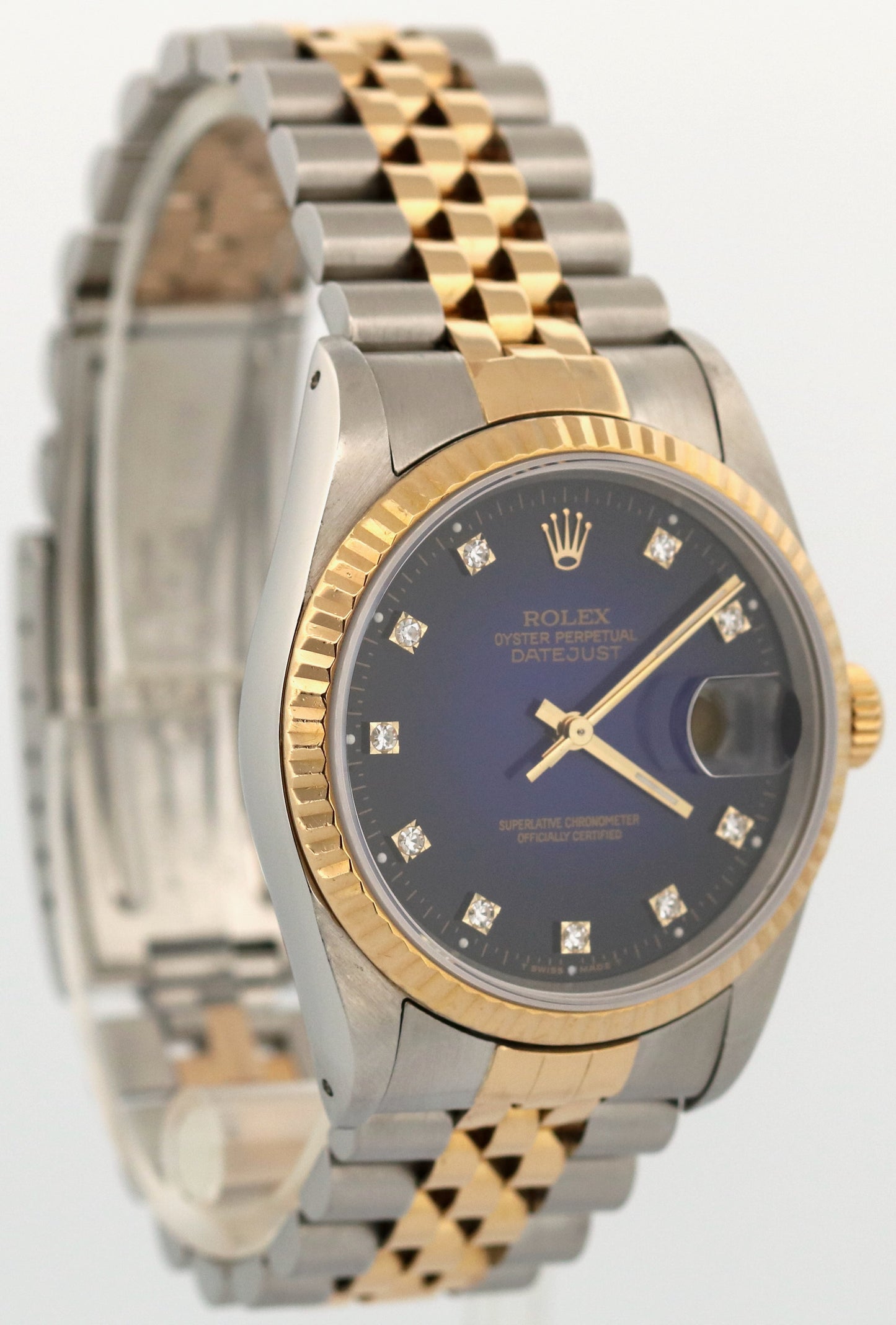 Rolex DateJust 36mm BLUE DIAMOND VIGNETTE Two-Tone 18K Gold Steel JUBILEE 16233