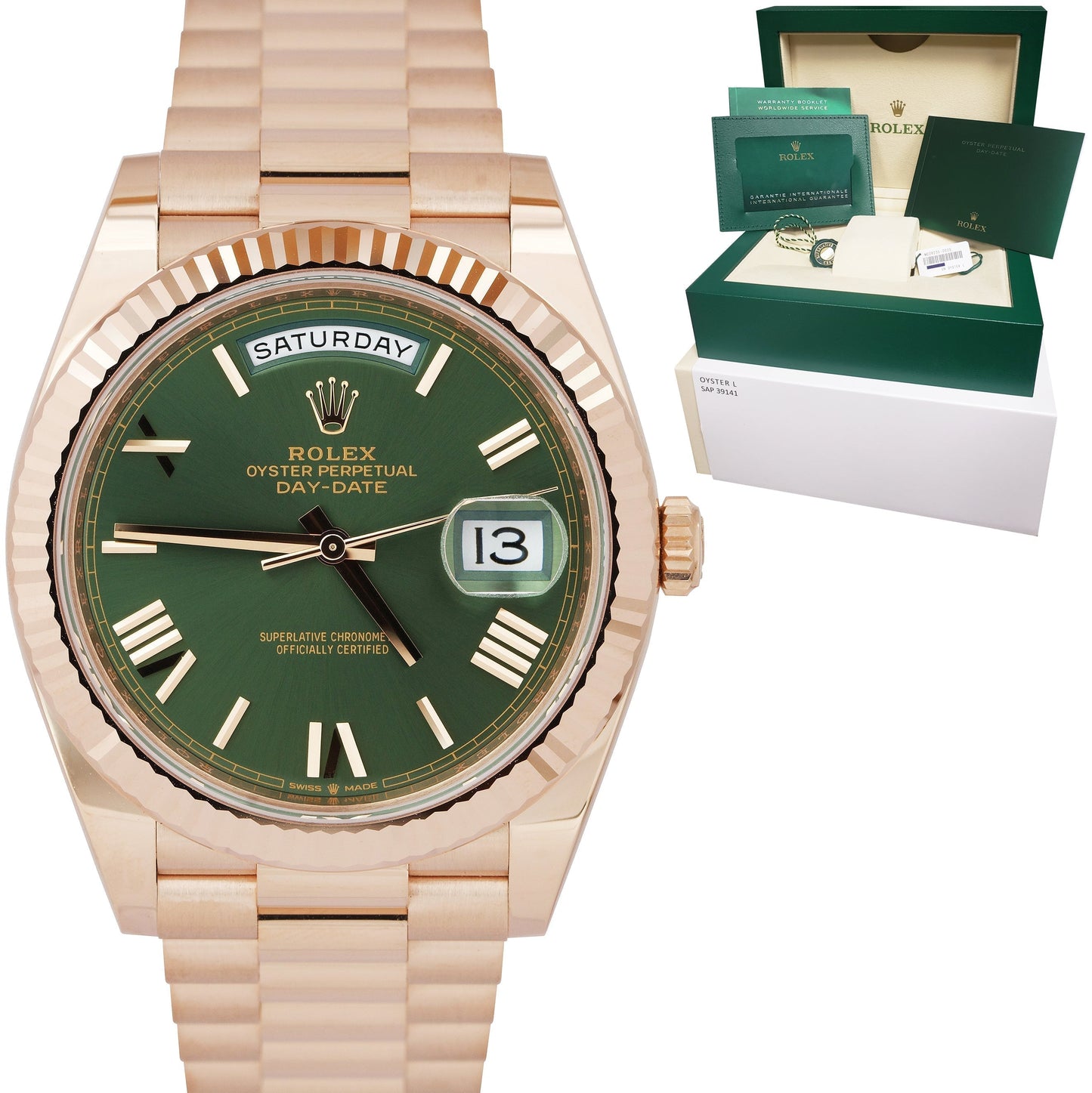BRAND NEW 2023 Rolex Day-Date 40 Olive Green President 18K Rose Gold 228235 B+P