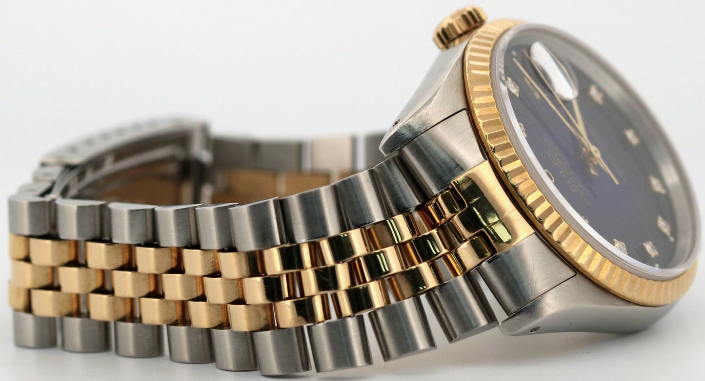 Rolex DateJust 36mm BLUE DIAMOND VIGNETTE Two-Tone 18K Gold Steel JUBILEE 16233