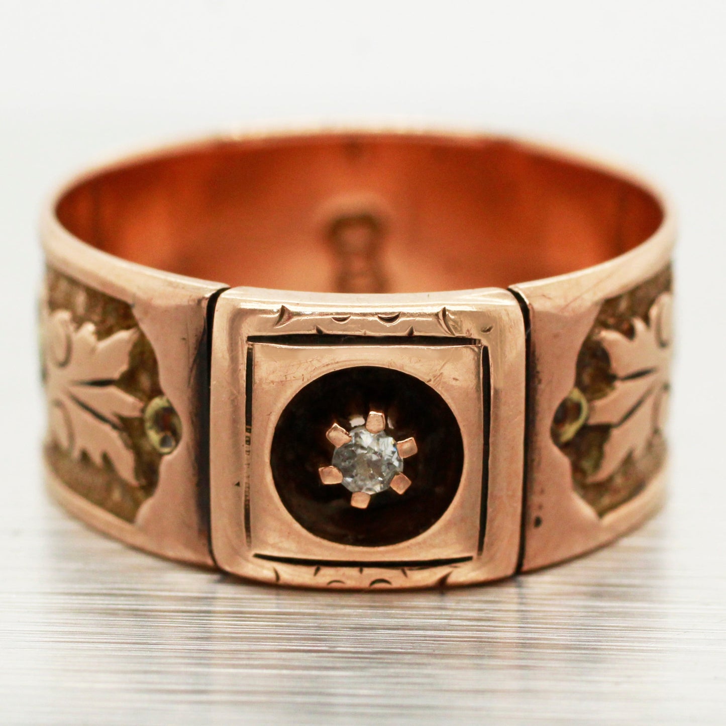 Art Nouveau 0.02ct Rose Cut Diamond Band Ring - 14k Rose Gold & Yellow Gold