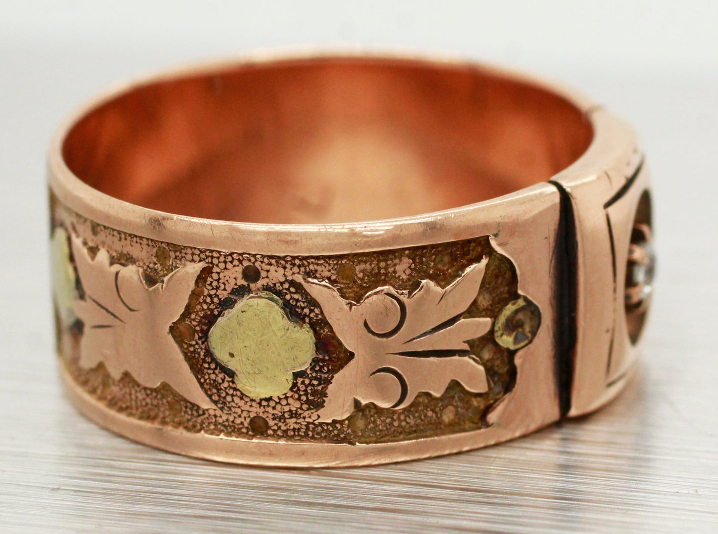 Art Nouveau 0.02ct Rose Cut Diamond Band Ring - 14k Rose Gold & Yellow Gold