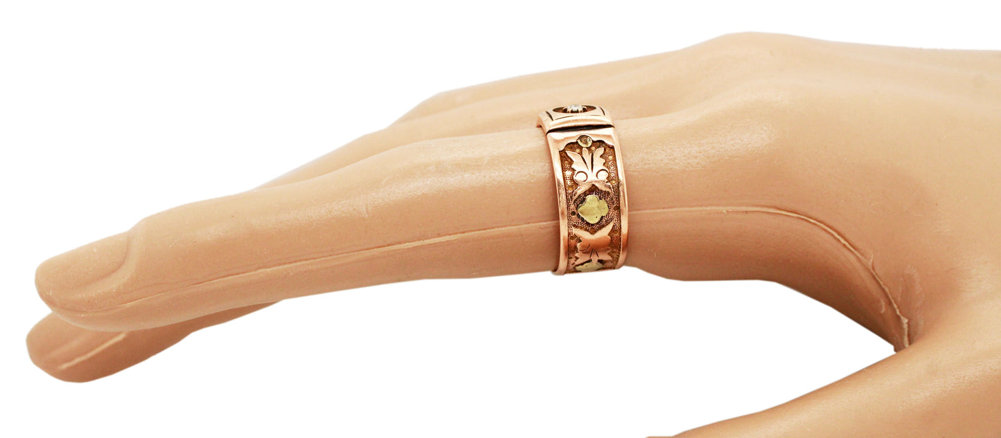 Art Nouveau 0.02ct Rose Cut Diamond Band Ring - 14k Rose Gold & Yellow Gold