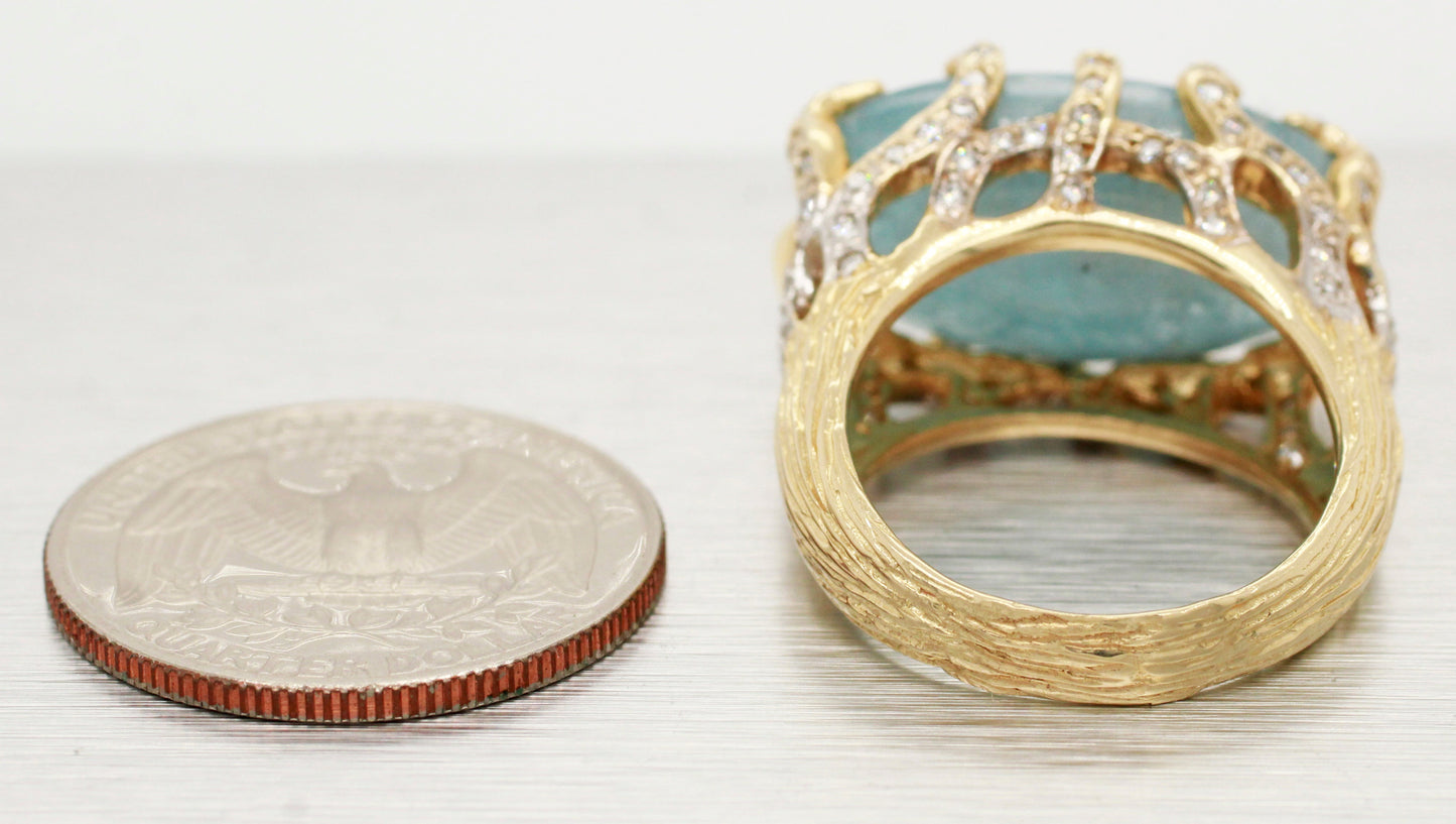 Andy C Blue Oval Gemstone & Diamond Ring -14k Yellow Gold Bark-Style Band