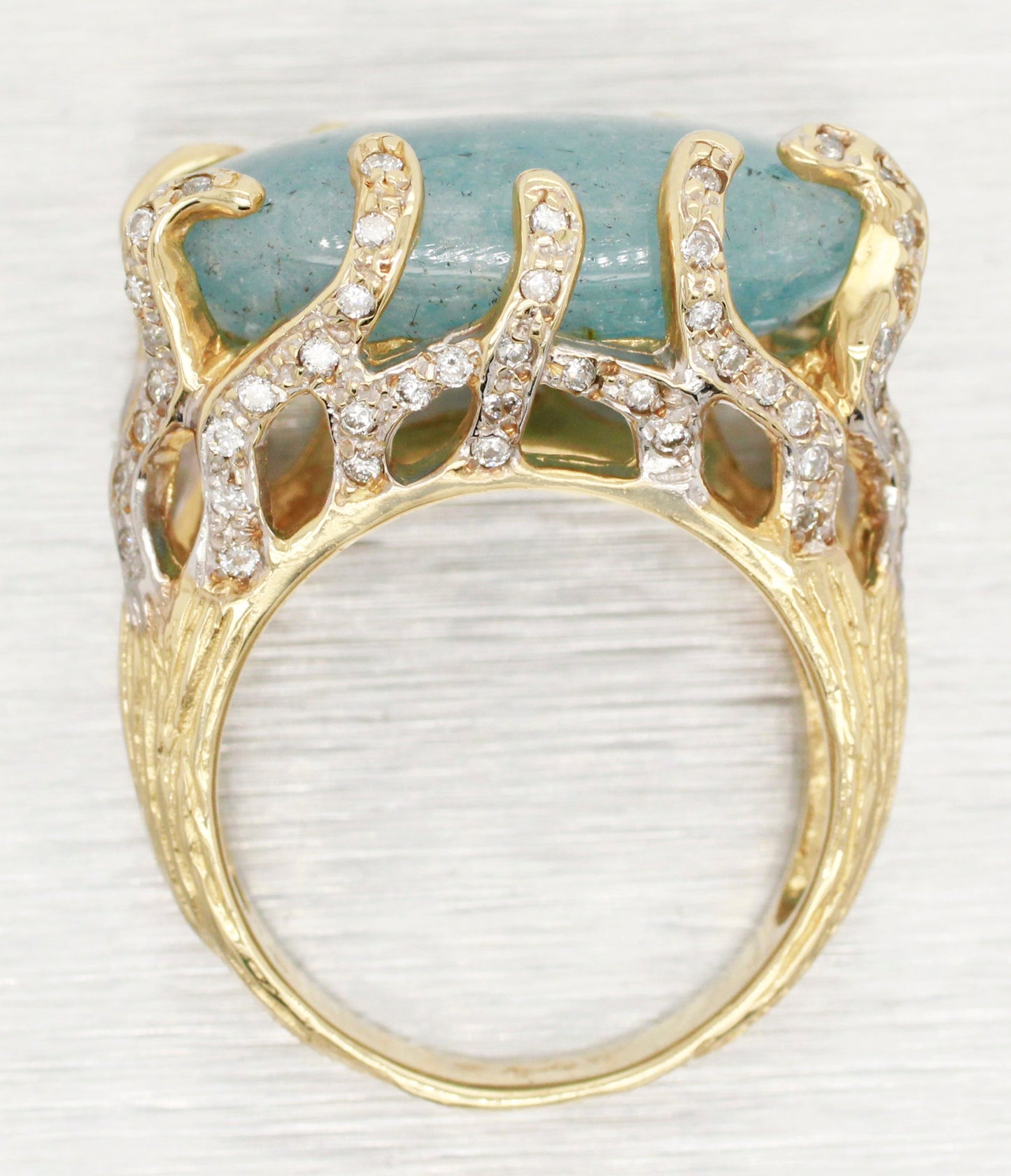 Andy C Blue Oval Gemstone & Diamond Ring -14k Yellow Gold Bark-Style Band