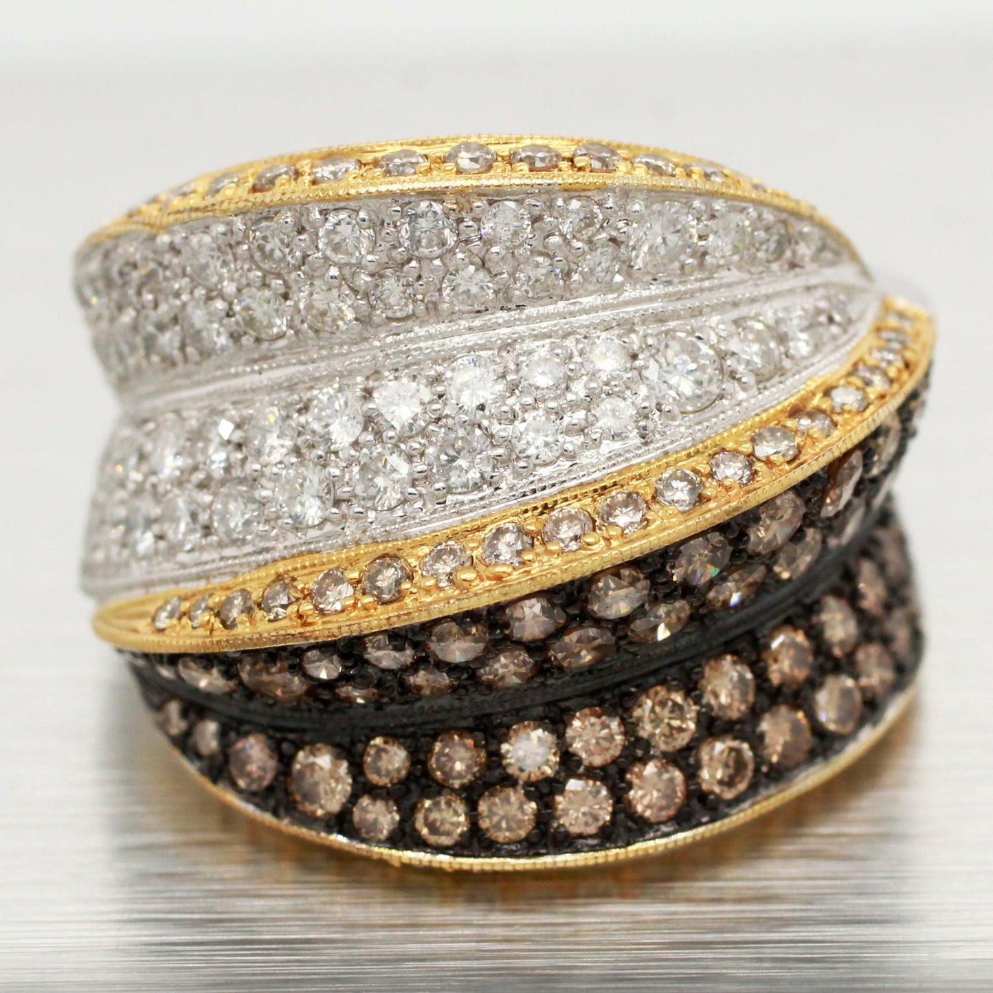 Modern Two-Tone Brown Champagne & White Diamond Cocktail Ring - 18k Yellow/White Gold Band