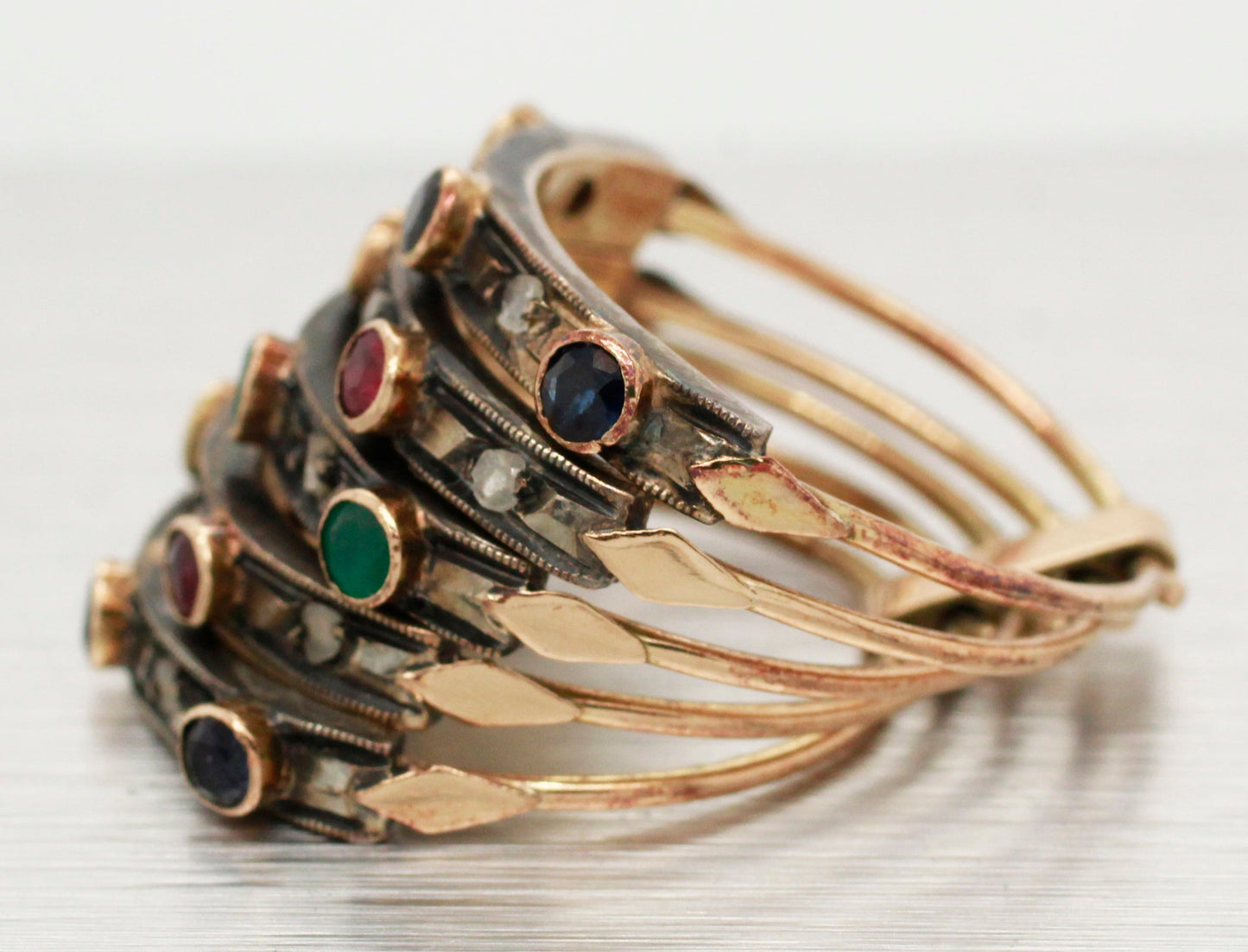 Antique Art Nouveau Ruby Sapphire & Emerald Harem Ring | 14k Yellow Gold