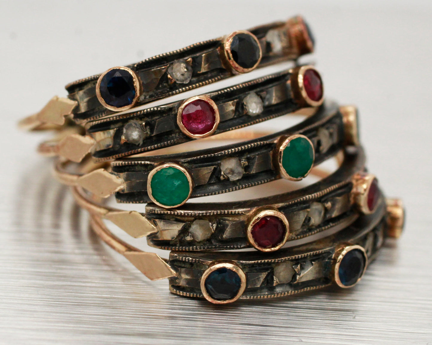Antique Art Nouveau Ruby Sapphire & Emerald Harem Ring | 14k Yellow Gold
