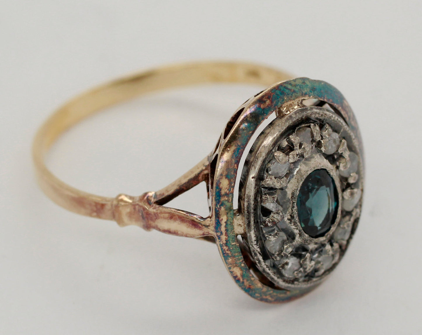 Antique Art Nouveau .05ctw Sapphire Diamond Oval Cocktail Ring - 18k Yellow Gold