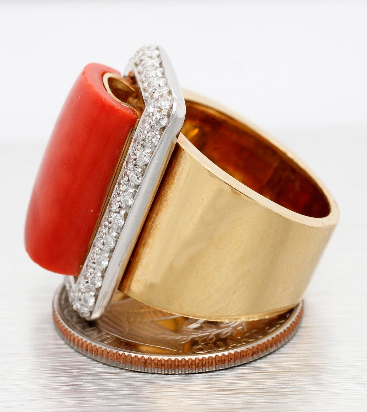 Gio Caroli Vintage Red Coral & 2.00ctw Diamond Cocktail Ring - 18k Yellow Gold