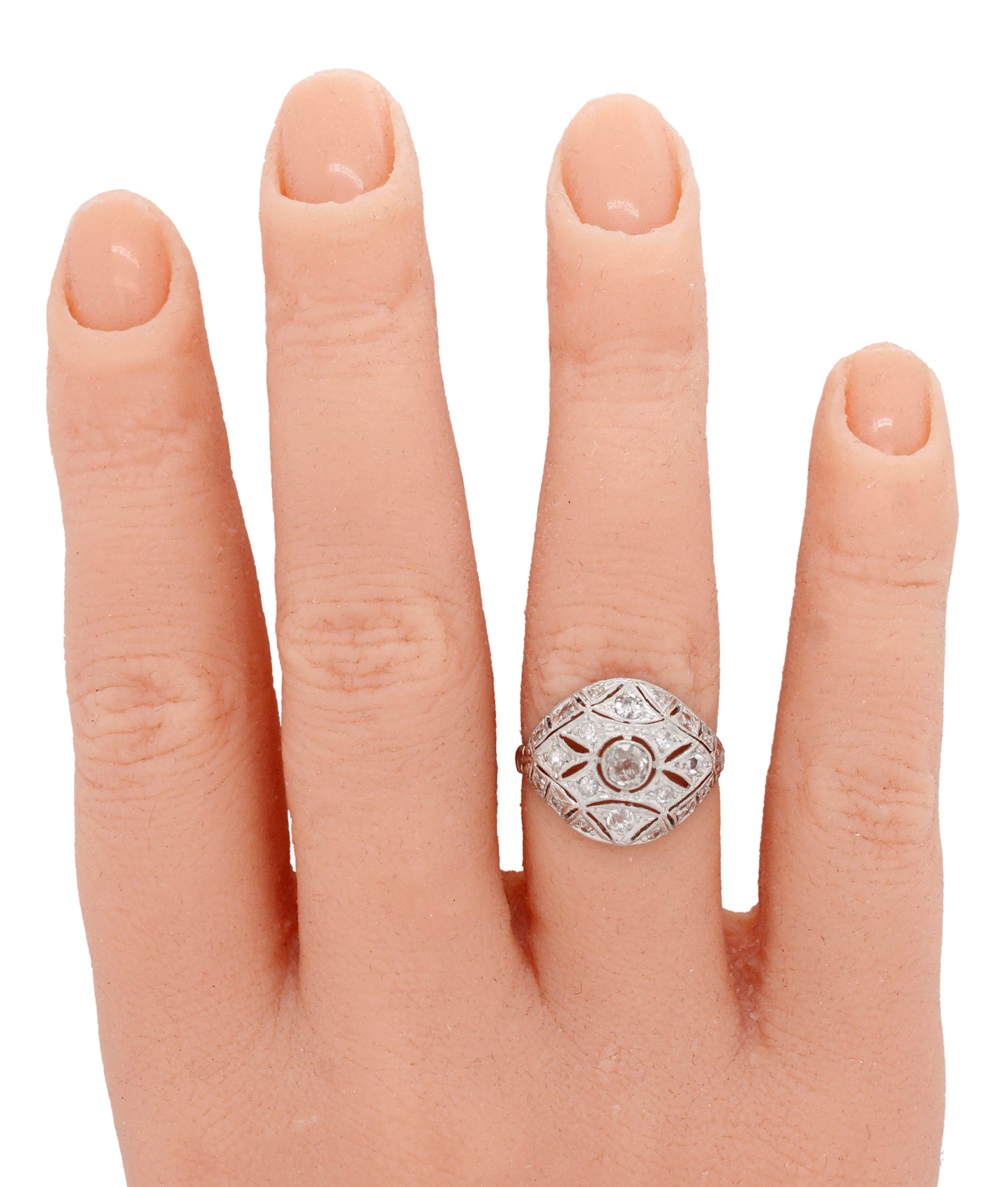 Antique Art Deco 0.70ctw Diamond Filigree Cocktail Ring - 14k White Gold