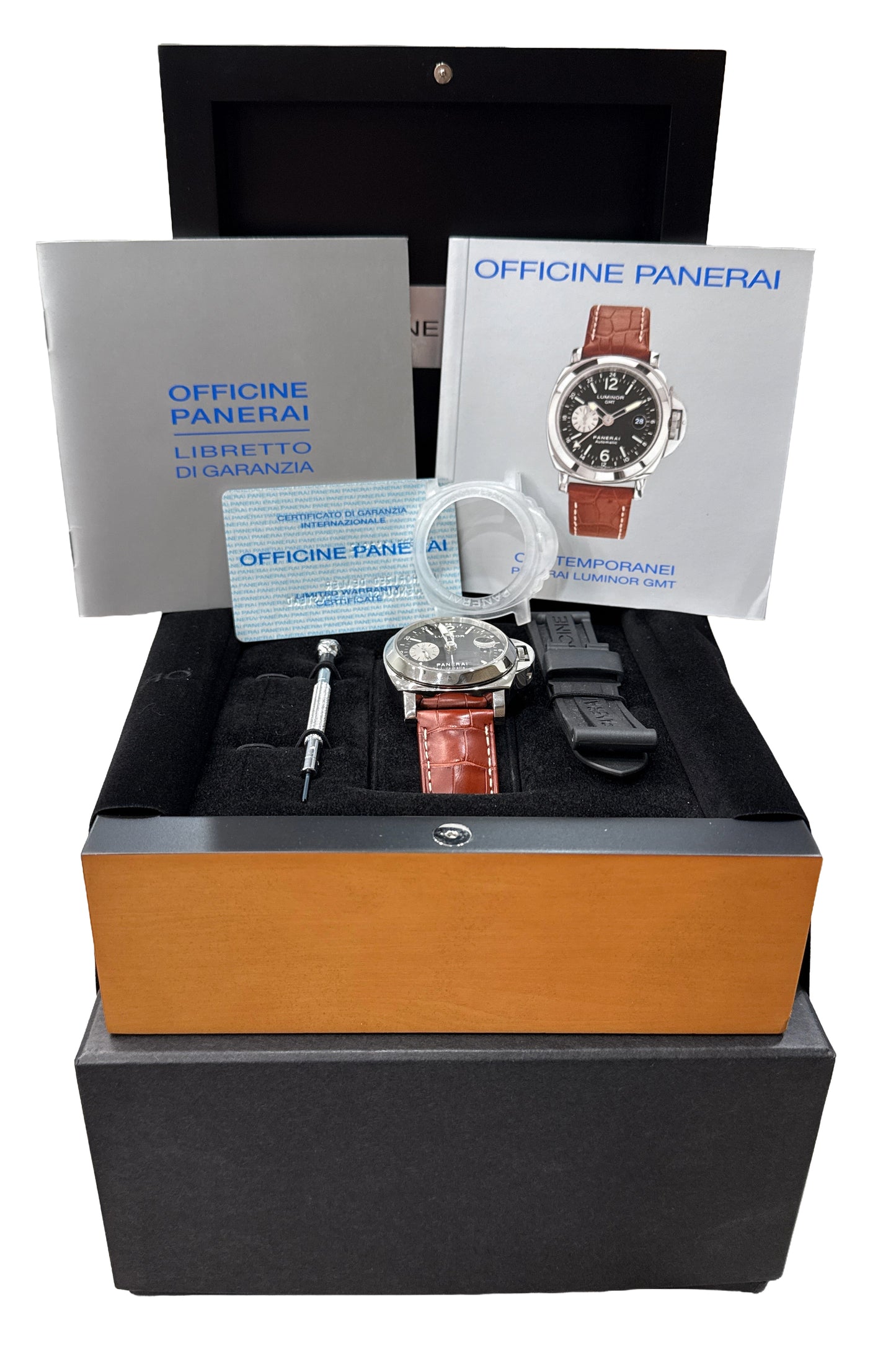 PAPERS Panerai Luminor GMT PAM88 Black Leather Steel 44mm Watch PAM00088 BOX
