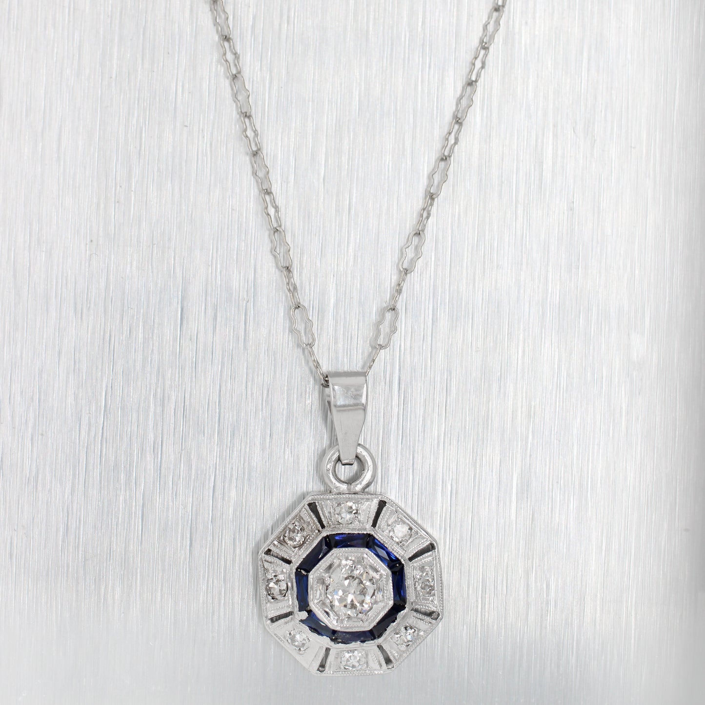 Antique Art Deco Diamond Sapphire Octagon Pendant - 14k White Gold Necklace - 16"