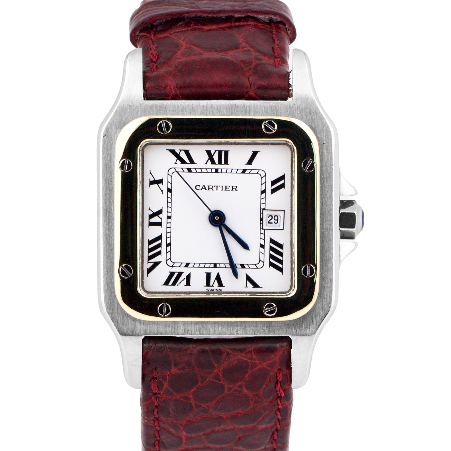 Cartier Santos Automatique 29mm 18K Gold Steel Roman Burgundy Leather AC23.80