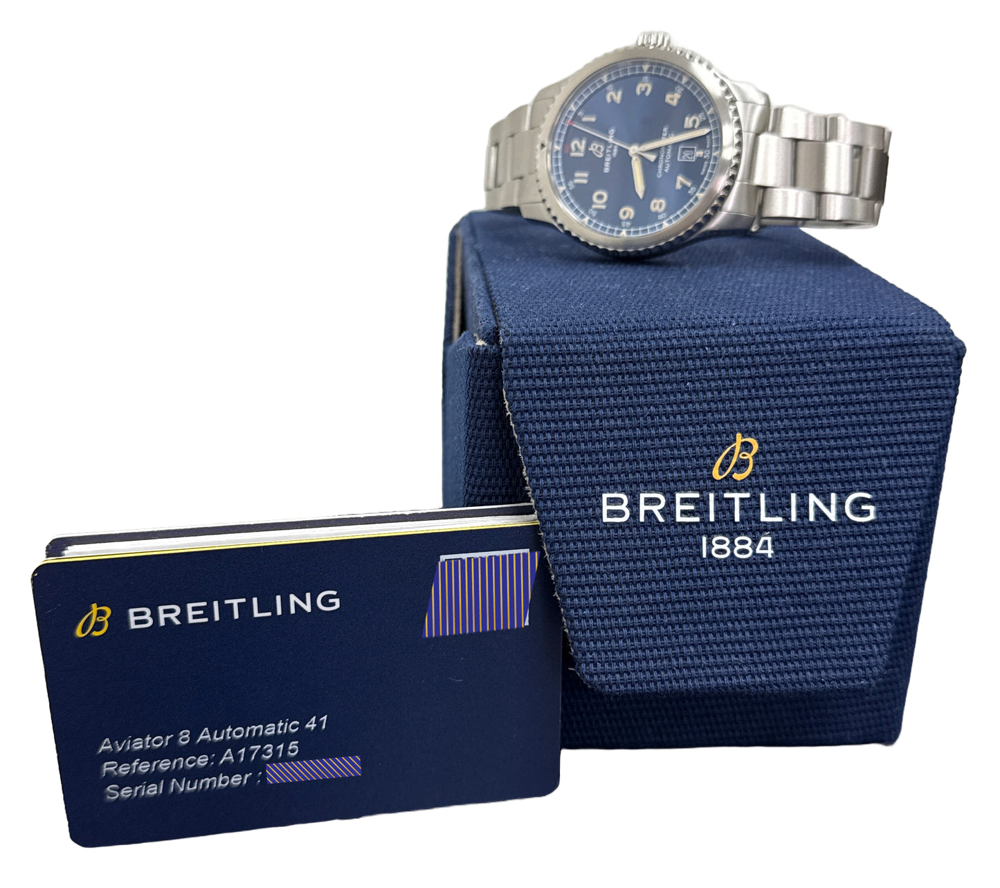 MINT 2022 PAPERS Breitling Aviator 8 BLUE Arabic Automatic Date Watch A17315 BOX