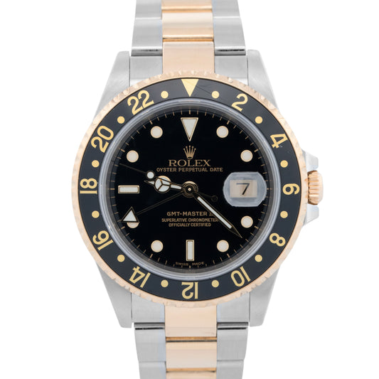 PAPERS Rolex GMT-Master II Black 18K Gold Two Tone Oyster 40mm 16713 Watch BOX