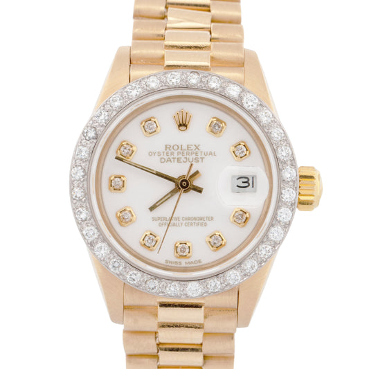 PAPERS Ladies Rolex DateJust President 26mm WHITE DIAMOND Gold 6917 Watch BOX