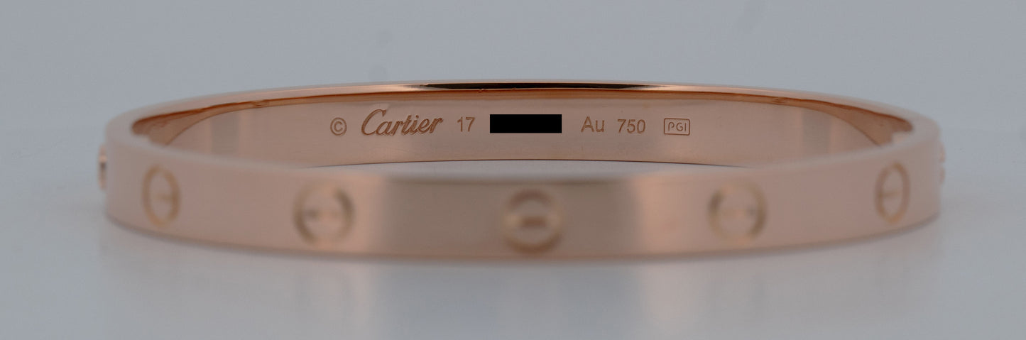 PAPERS Cartier LOVE Bracelet 18K ROSE Gold Size 17 AU 750 Screwdriver Band BOX