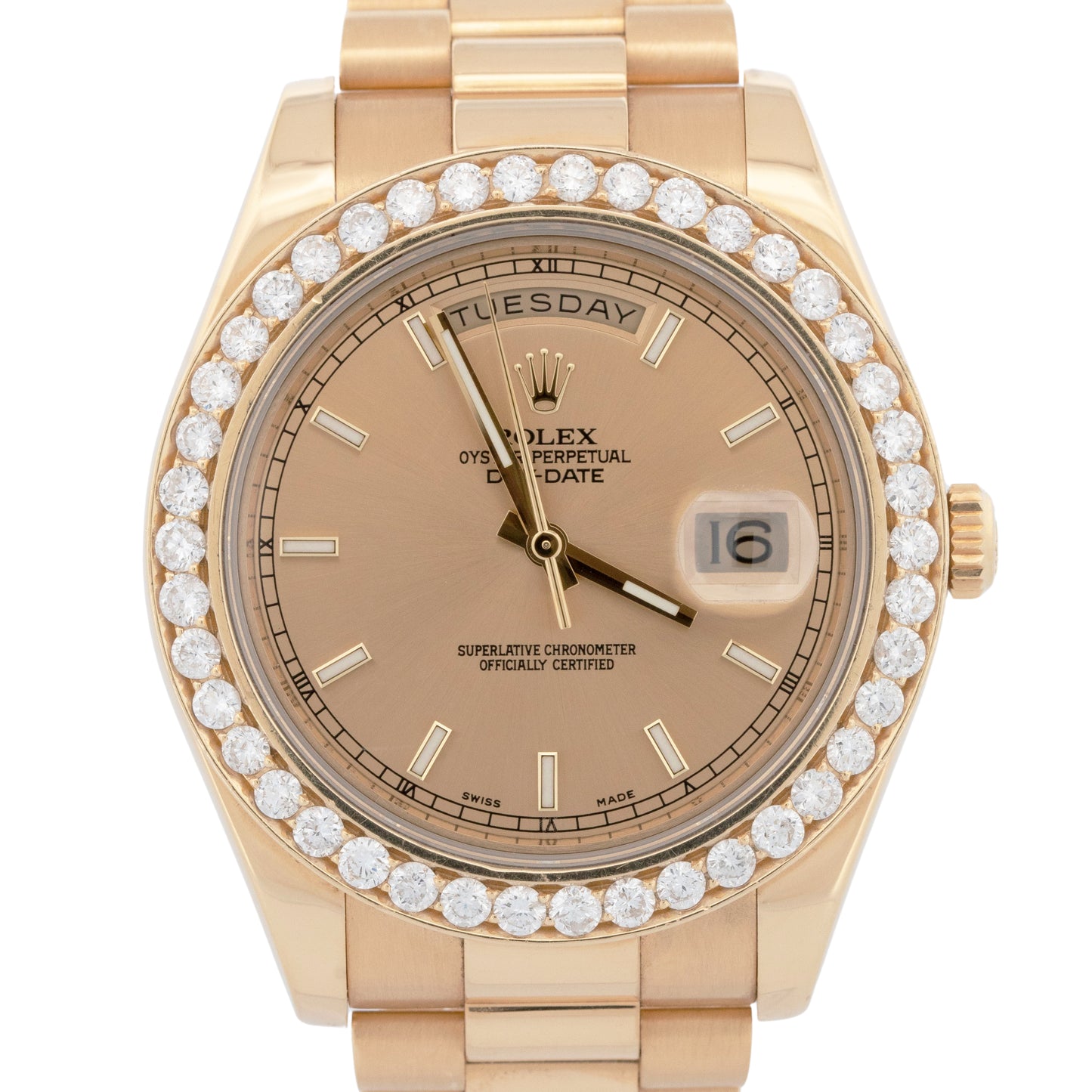 Rolex Day-Date II President 41mm Champagne DIAMOND BEZEL 18K 218238 Watch BOX