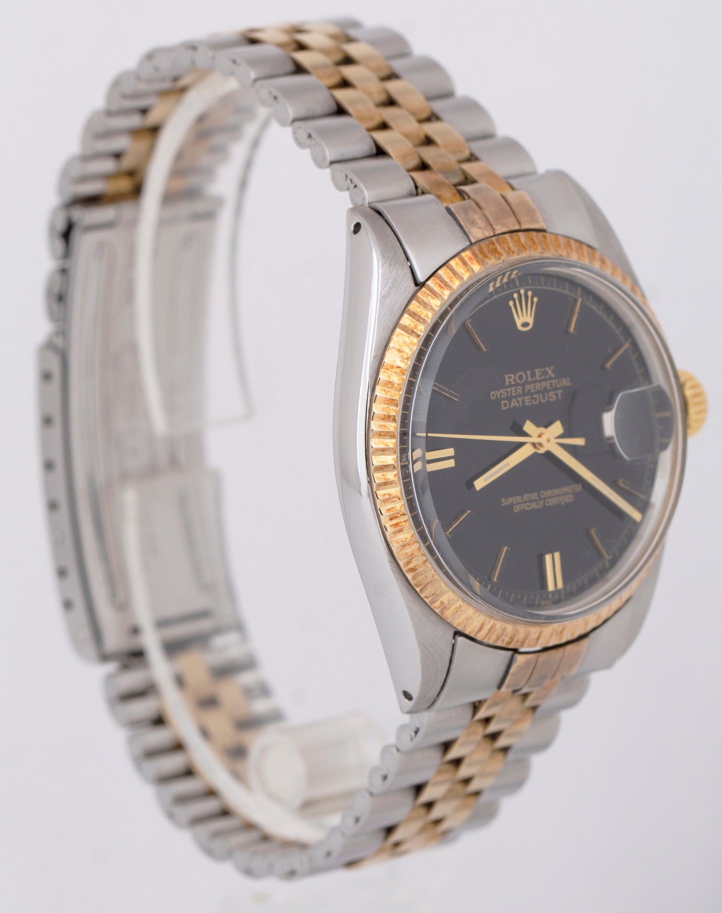 TOP CONDITION 1971 Rolex DateJust 36mm Black 14K Gold Two-Tone Steel Watch 1601