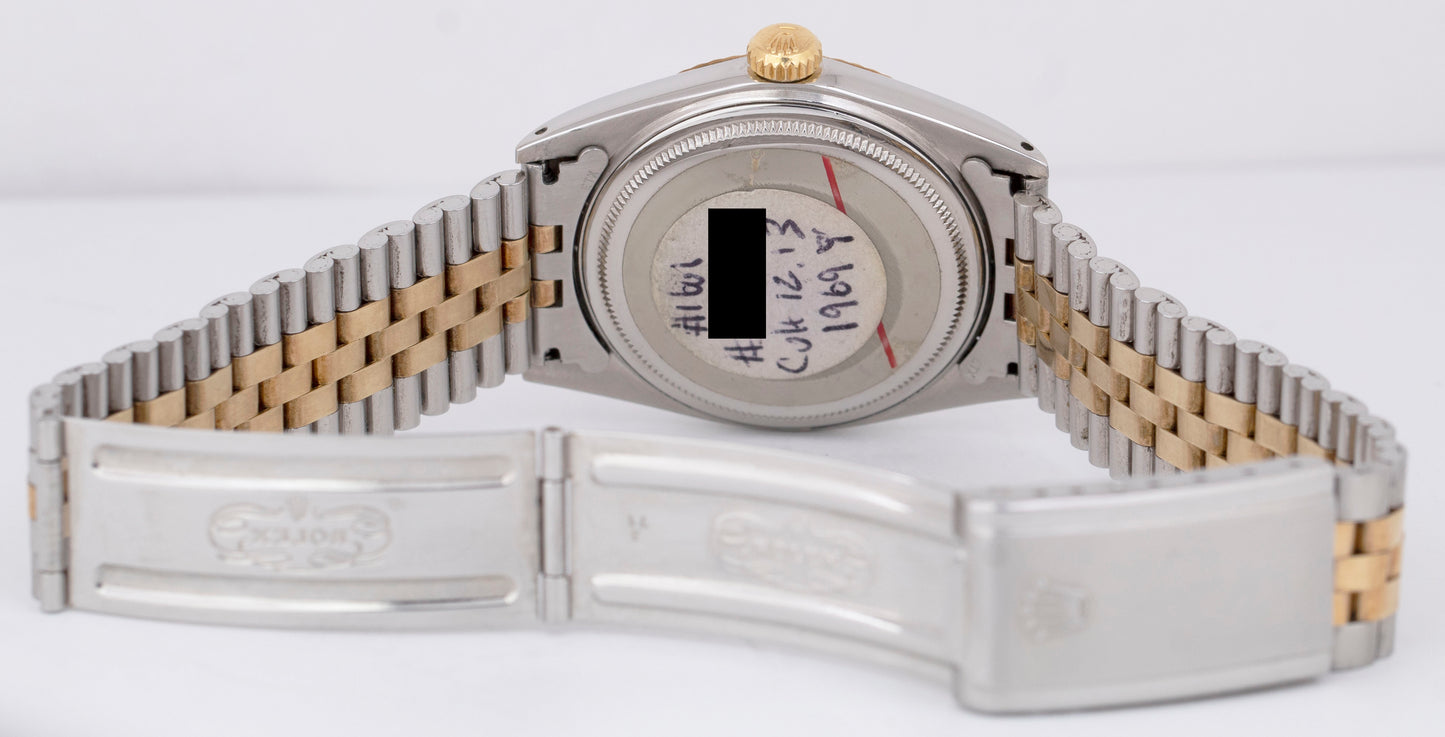 TOP CONDITION 1971 Rolex DateJust 36mm Black 14K Gold Two-Tone Steel Watch 1601