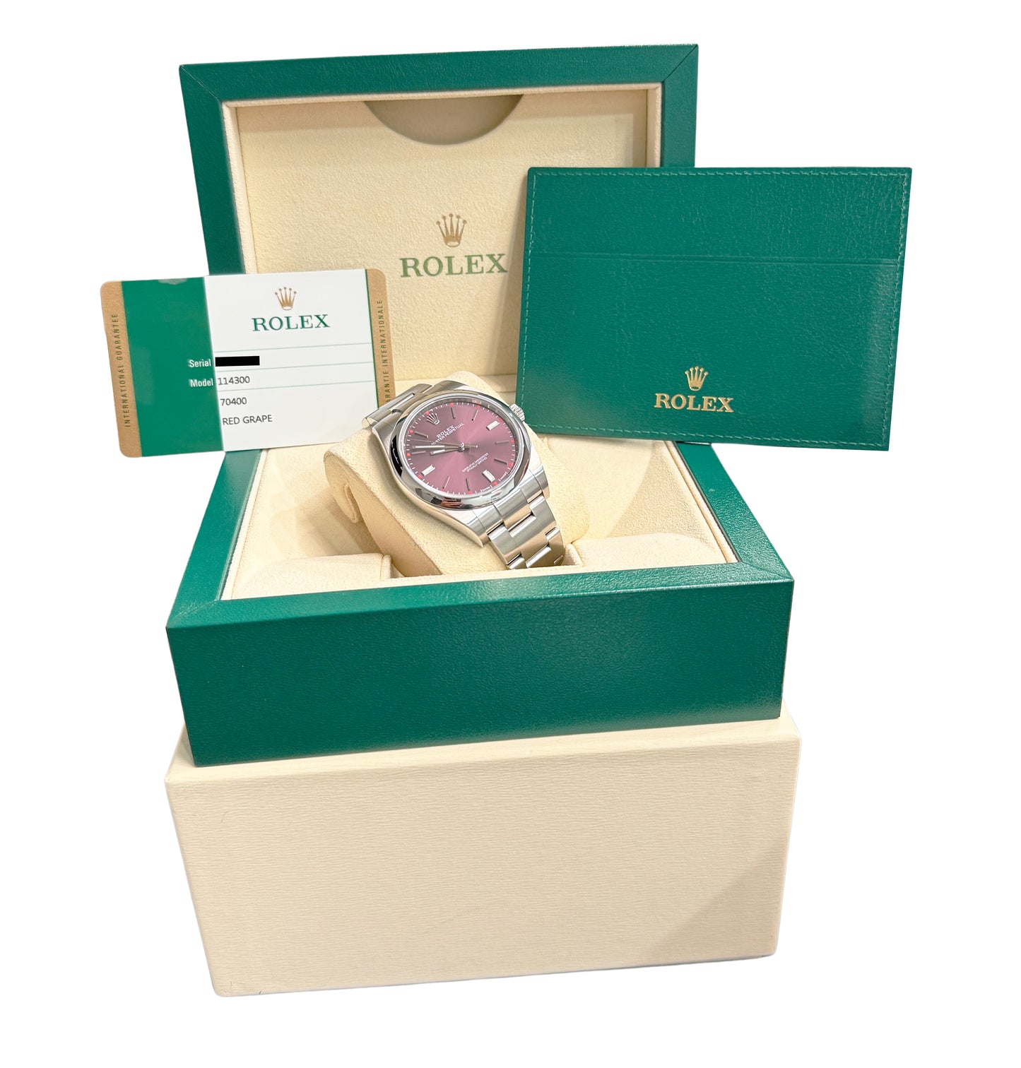 MINT PAPERS Rolex Oyster Perpetual Red GRAPE 39mm 114300 Steel Purple Watch BOX