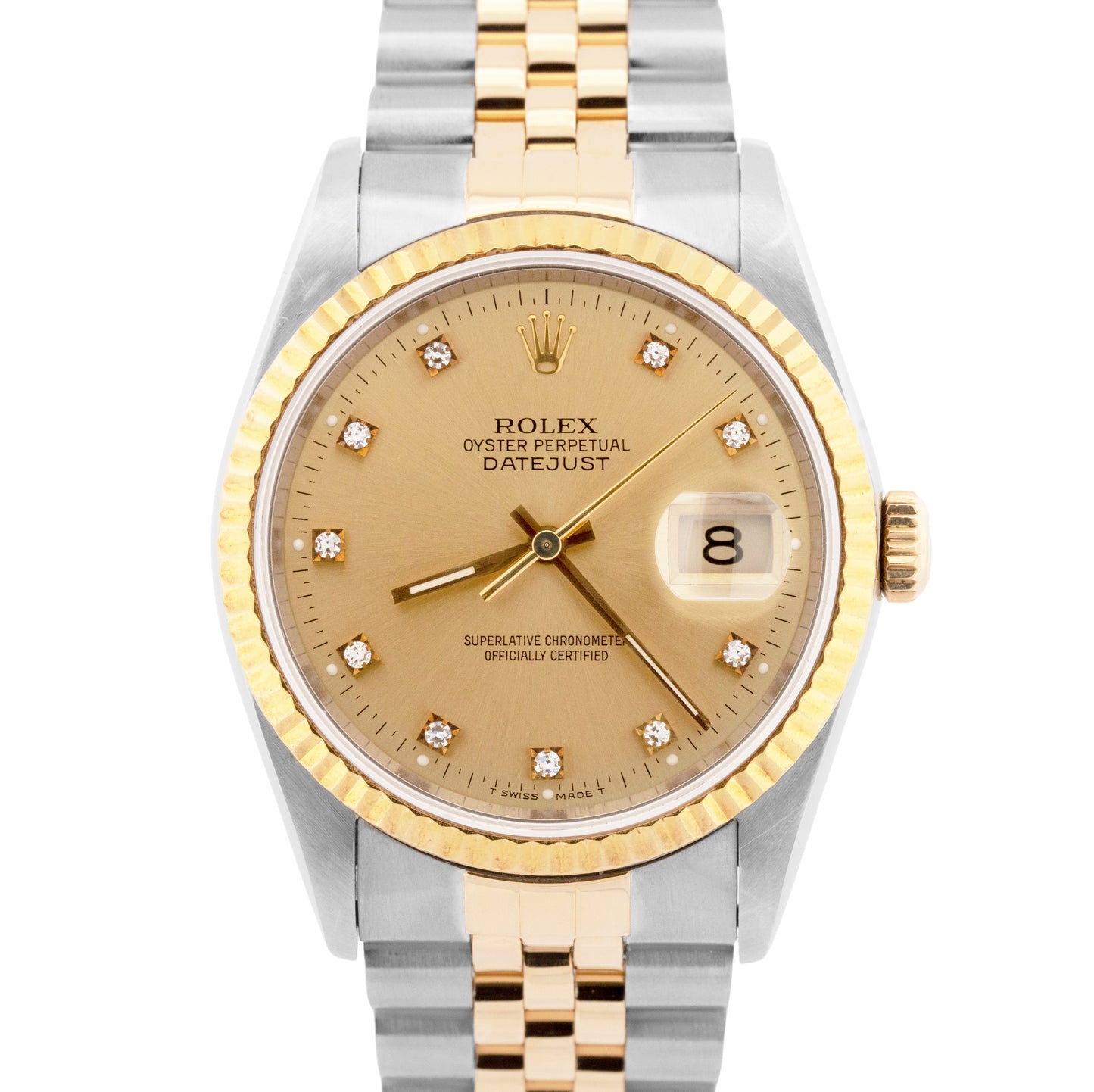 MINT 1990 Rolex DateJust 36mm FACTORY DIAMOND Champagne Jubilee 18K Watch 16233