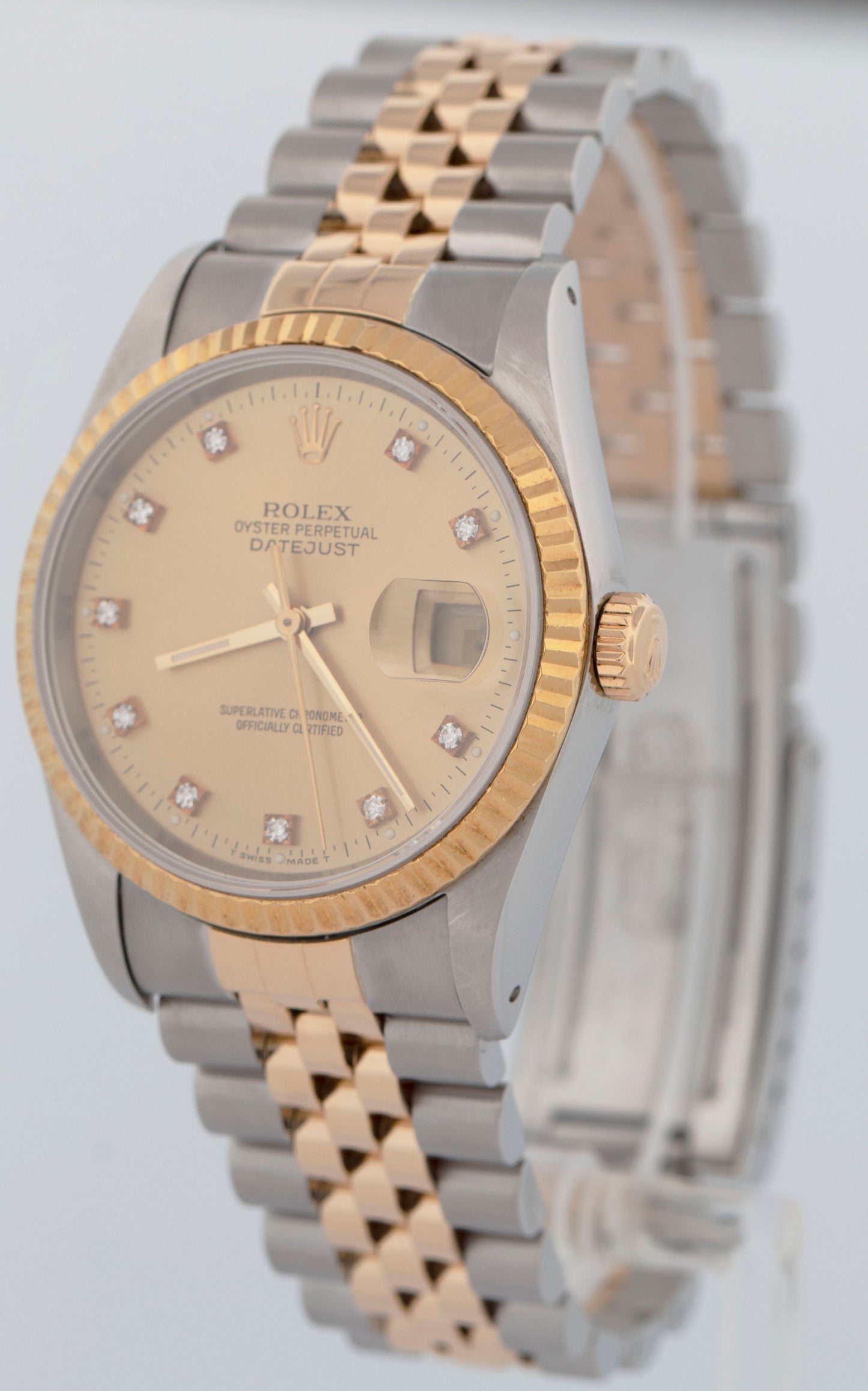 MINT 1990 Rolex DateJust 36mm FACTORY DIAMOND Champagne Jubilee 18K Watch 16233