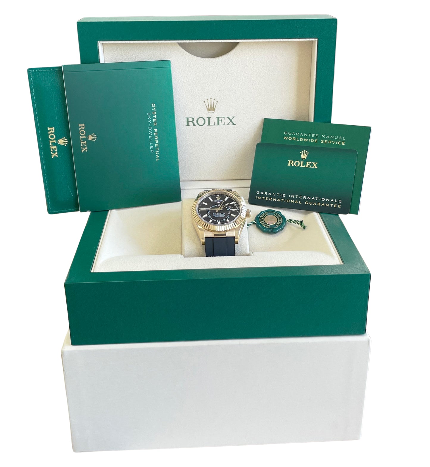 MINT PAPERS Rolex Sky-Dweller 18K Yellow Gold Black Oysterflex 42mm 326238 BOX