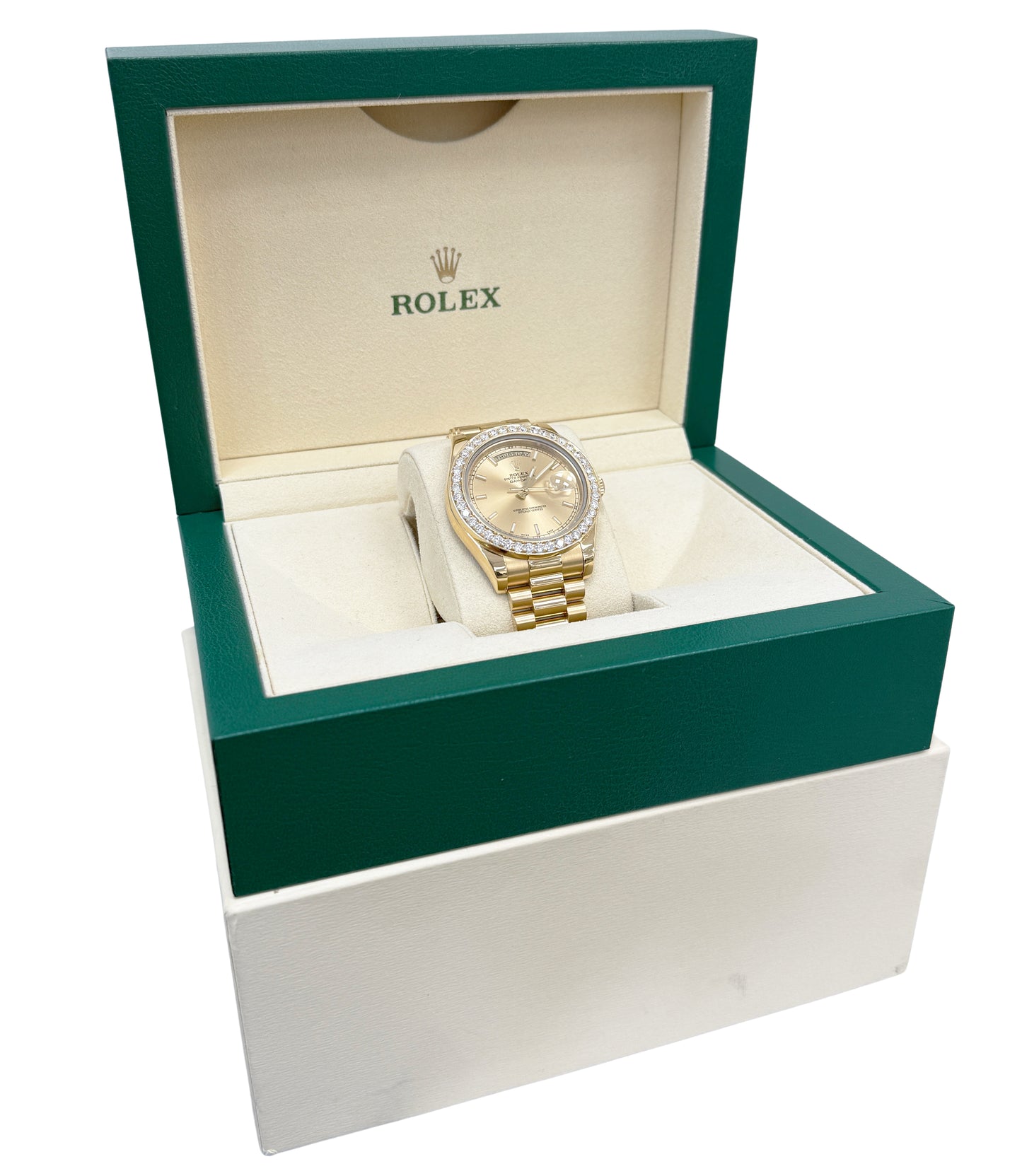 Rolex Day-Date II President 41mm Champagne DIAMOND BEZEL 18K 218238 Watch BOX