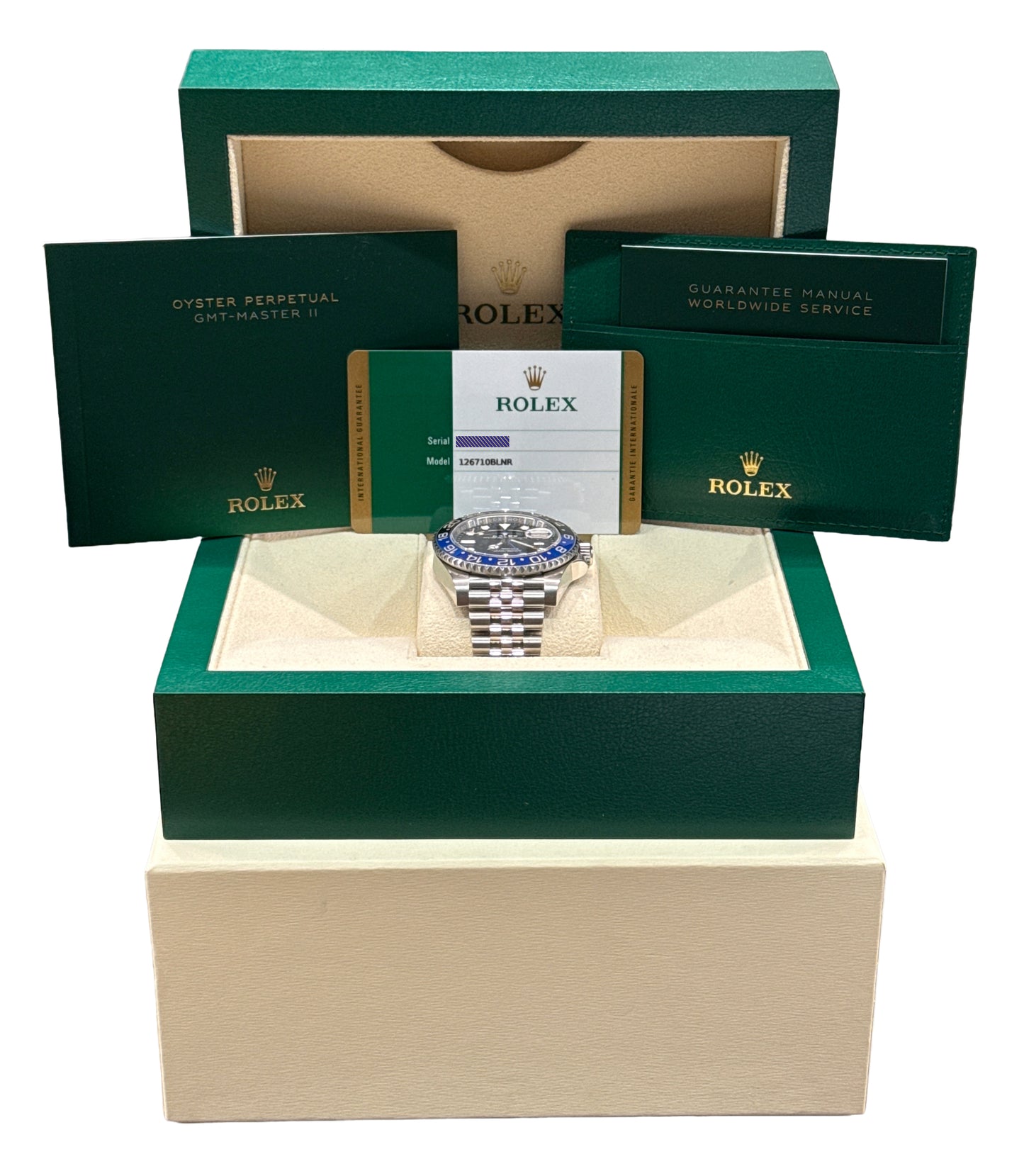 PAPERS Rolex GMT-Master II BATGIRL 40mm Blue Black JUBILEE Steel 126710 BLNR BOX