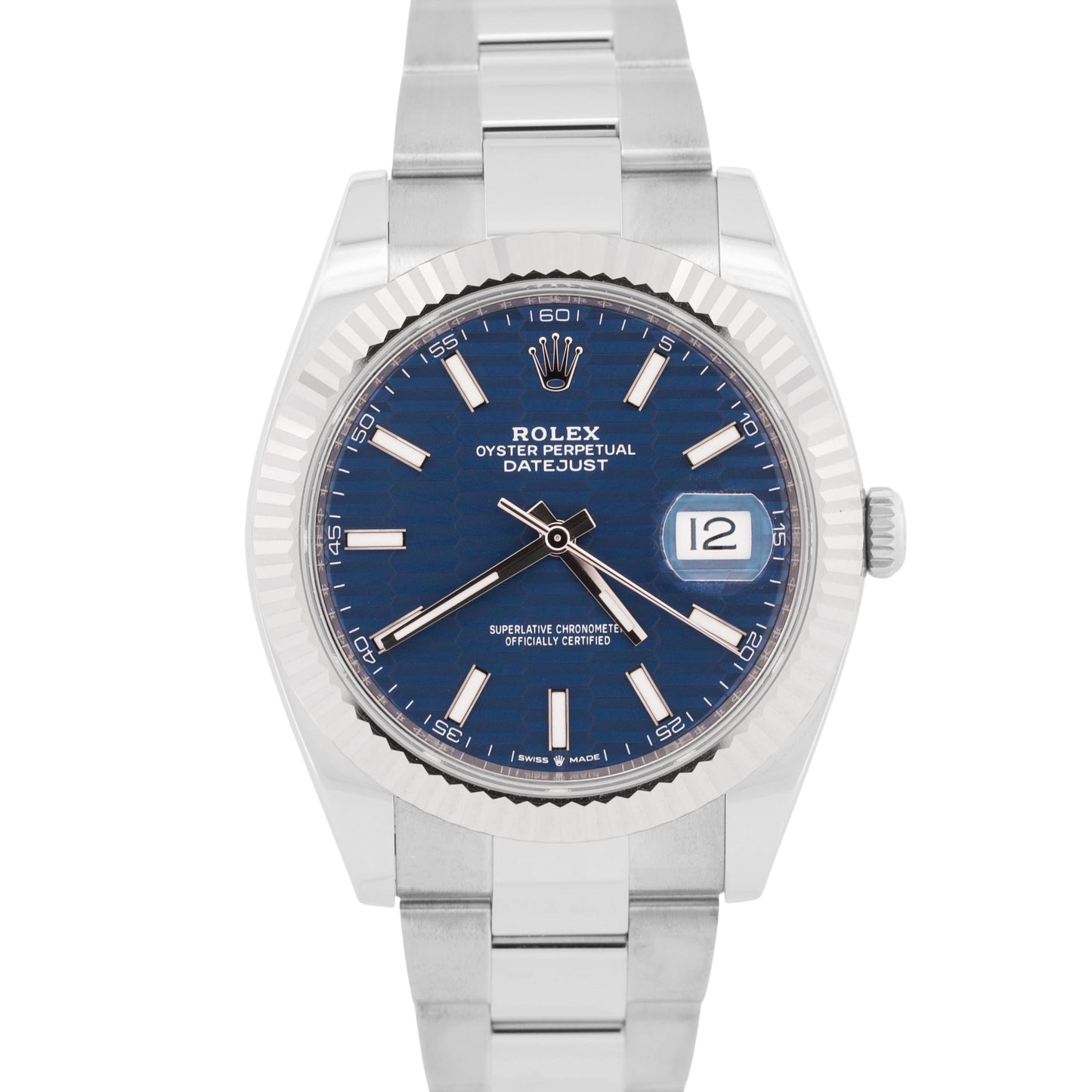 MINT 2023 PAPERS Rolex DateJust 41 BLUE MOTIF 18K Fluted Oyster 41mm 126334 BOX