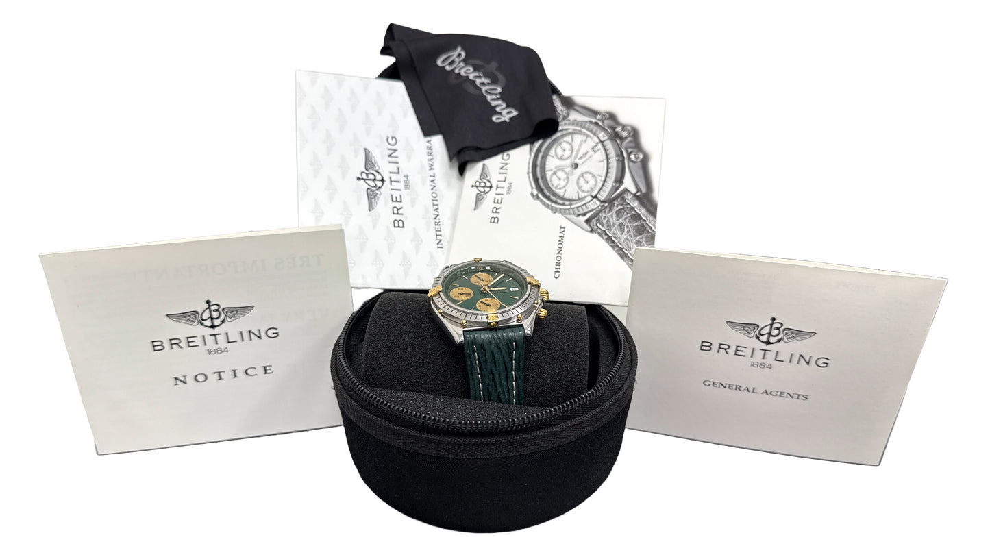 Breitling Chronomat Two-Tone 18k Gold Steel GREEN 39mm Leather Date B13047 Watch