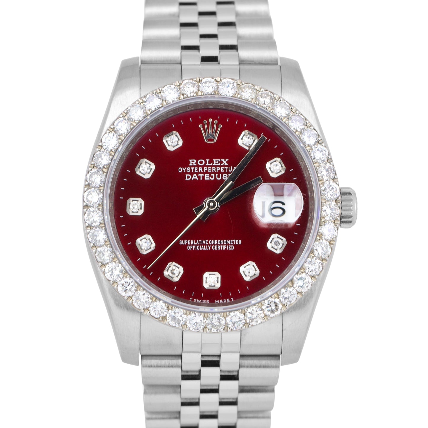 MINT Rolex DateJust 36mm BURGUNDY DIAMOND Stainless Steel Jubilee REHAUT 116234