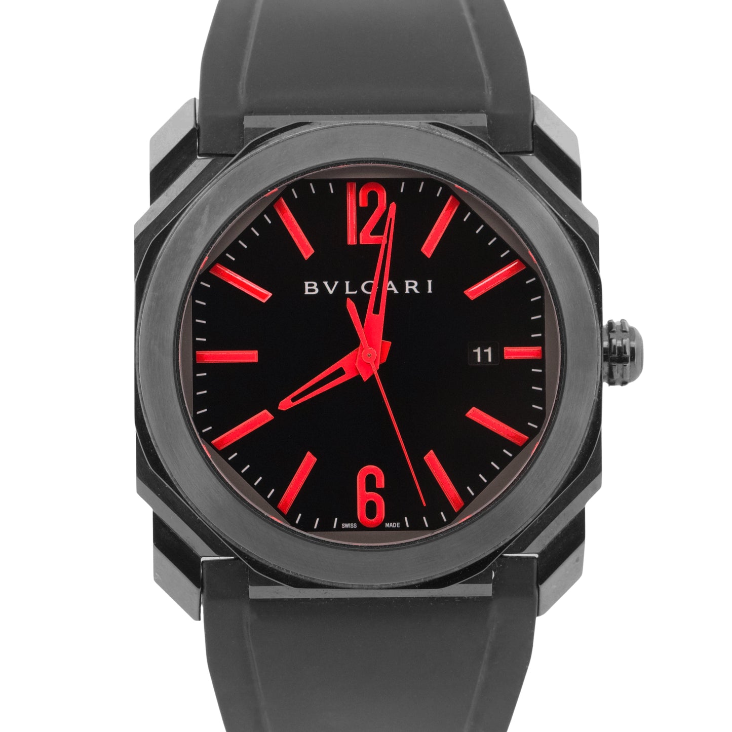 BVLGARI Octo Black Red Stainless Steel 41mm Bulgari Automatic Rubber Date BG041S