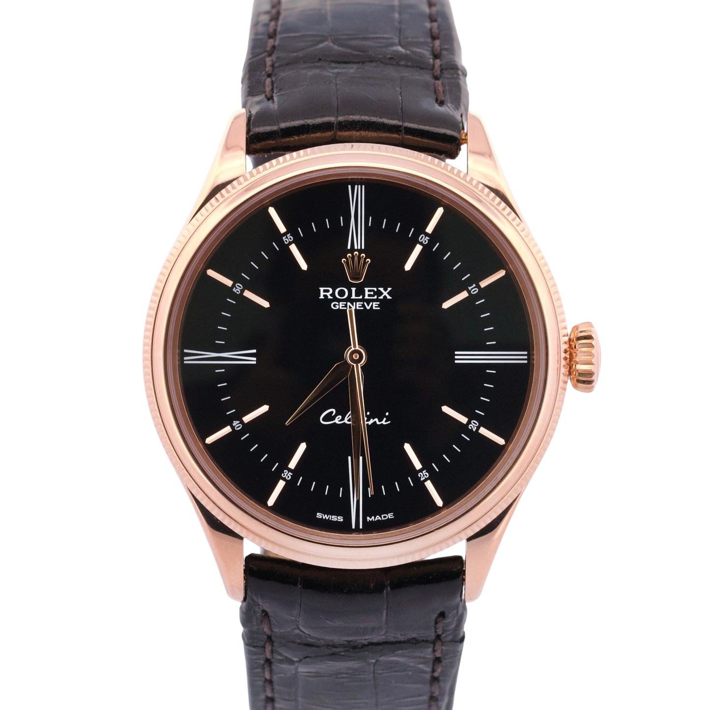 Rolex Cellini 18k Rose Gold BLACK Roman Leather Automatic 39mm 50505 Watch
