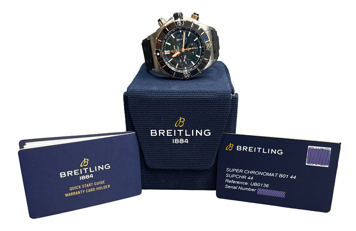 NEW JULY 2025 PAPERS Breitling Super Chronomat 18K Gold 44mm Steel UB0136 BOX
