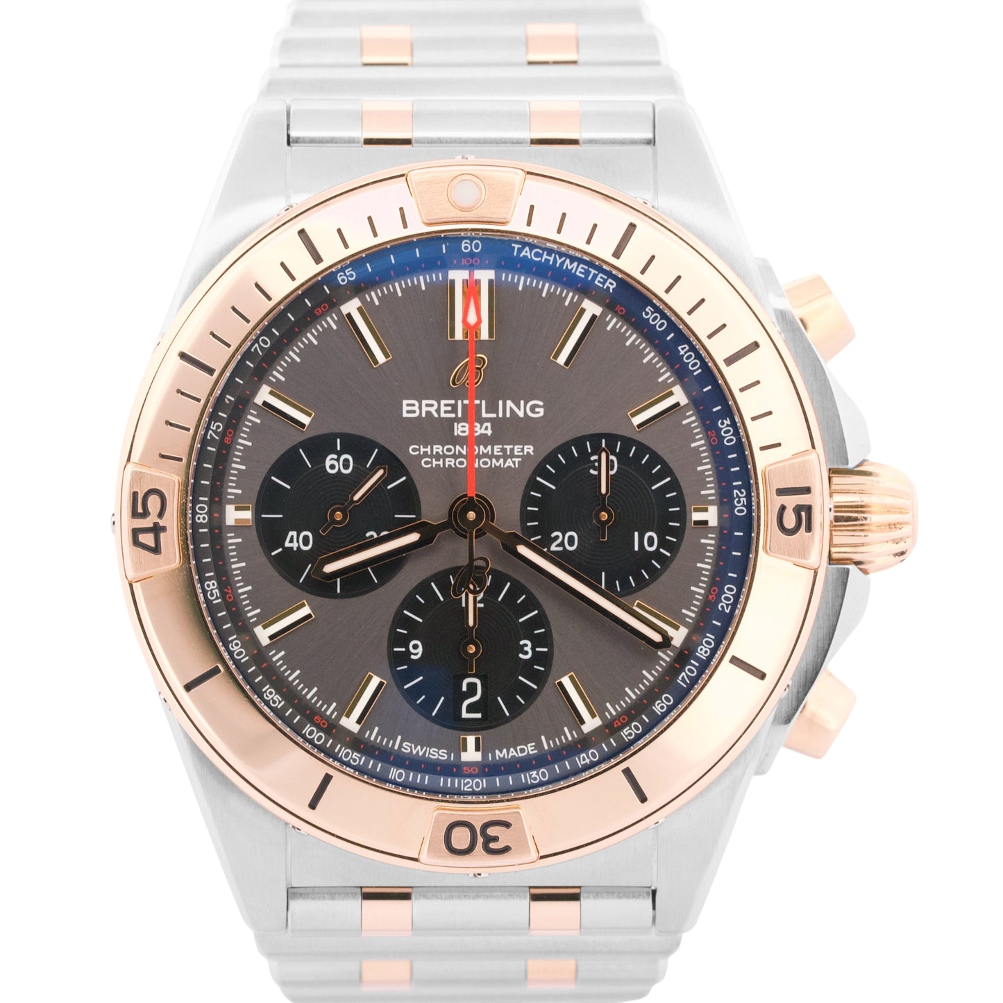 PAPERS Breitling Chronomat B01 42mm GRAY Two-Tone Gold Steel Watch UB0134 BOX