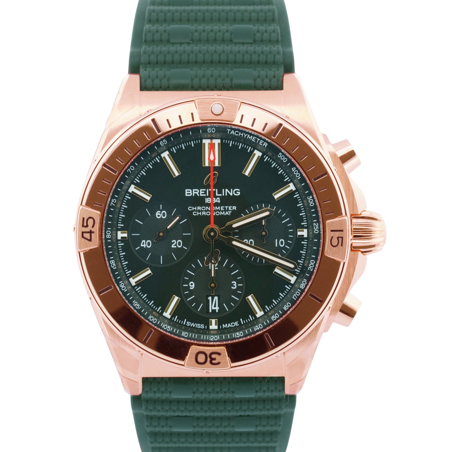 NEW 2025 PAPERS Breitling Chronomat B01 GREEN 18K Rose Gold RB0134 42mm BOX