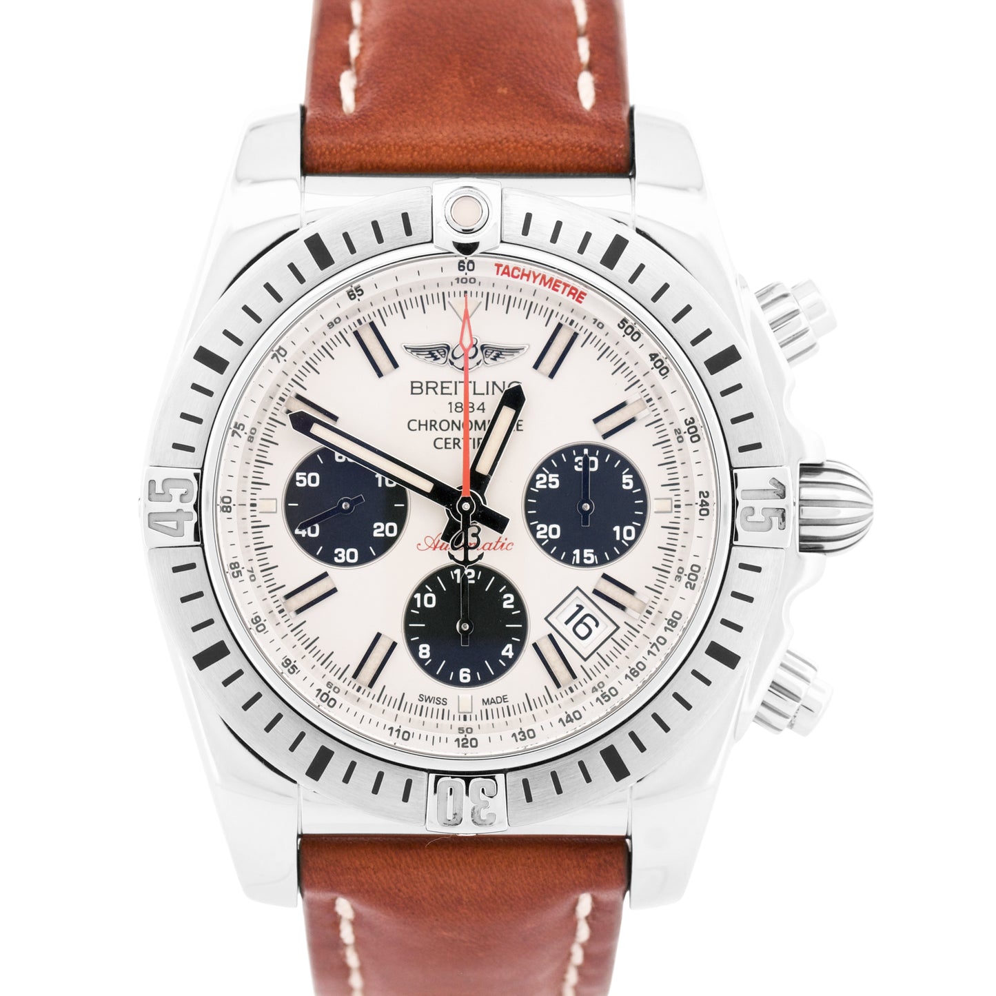 Breitling Chronomat Airborne 43mm Steel IVORY Leather Automatic Watch AB0115