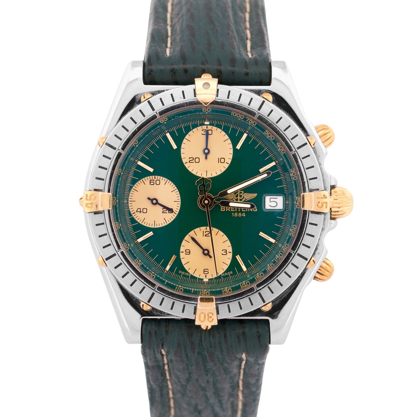 Breitling Chronomat Two-Tone 18k Gold Steel GREEN 39mm Leather Date B13047 Watch