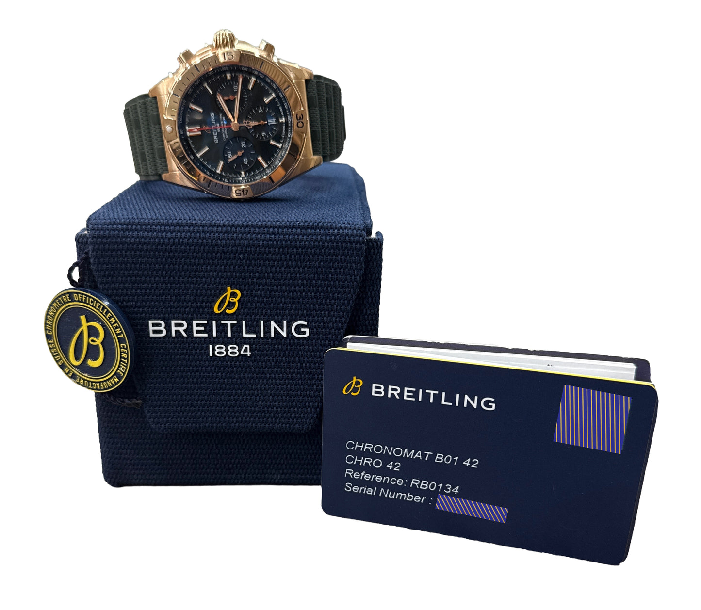 NEW 2025 PAPERS Breitling Chronomat B01 GREEN 18K Rose Gold RB0134 42mm BOX