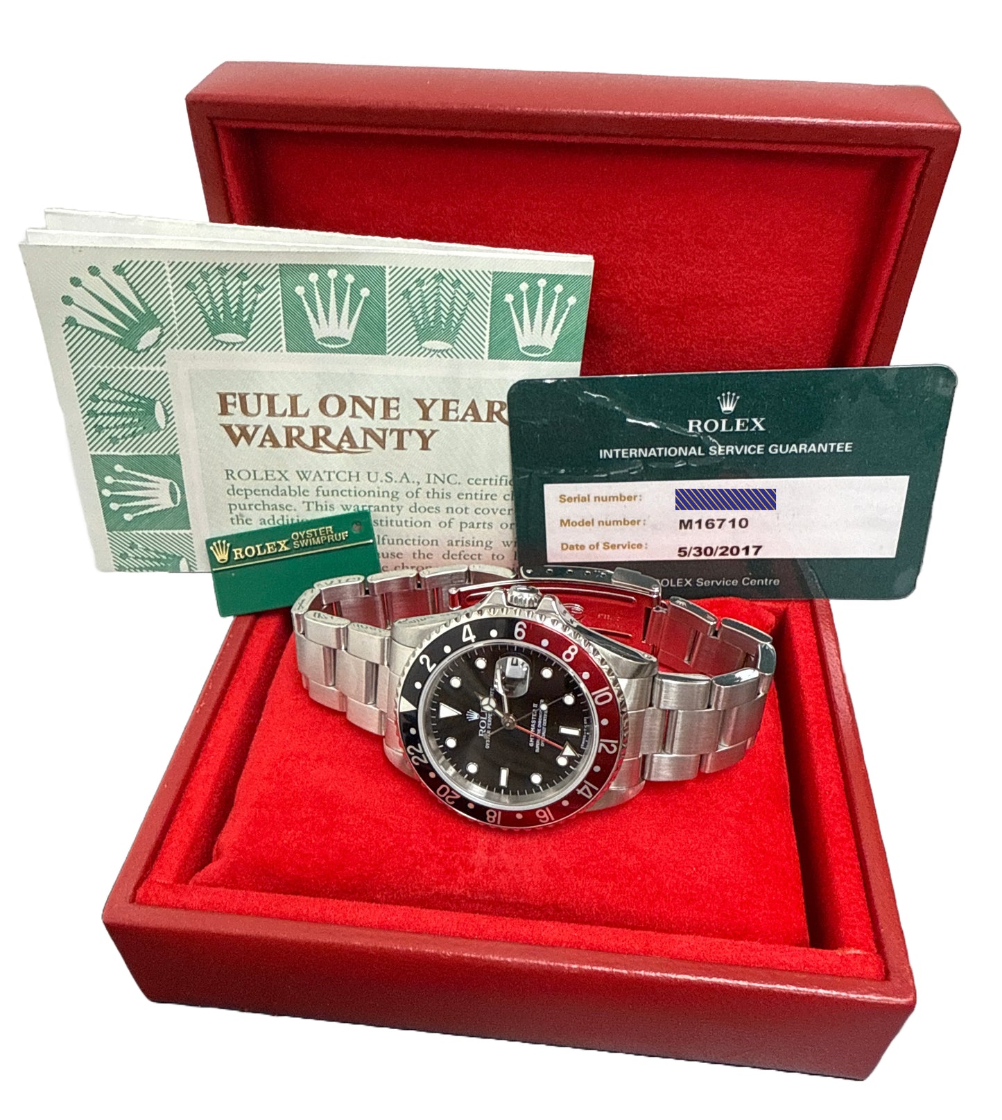 MINT PAPERS Rolex GMT-Master II COKE Red Black Steel RSC Oyster 40mm 16710 BOX