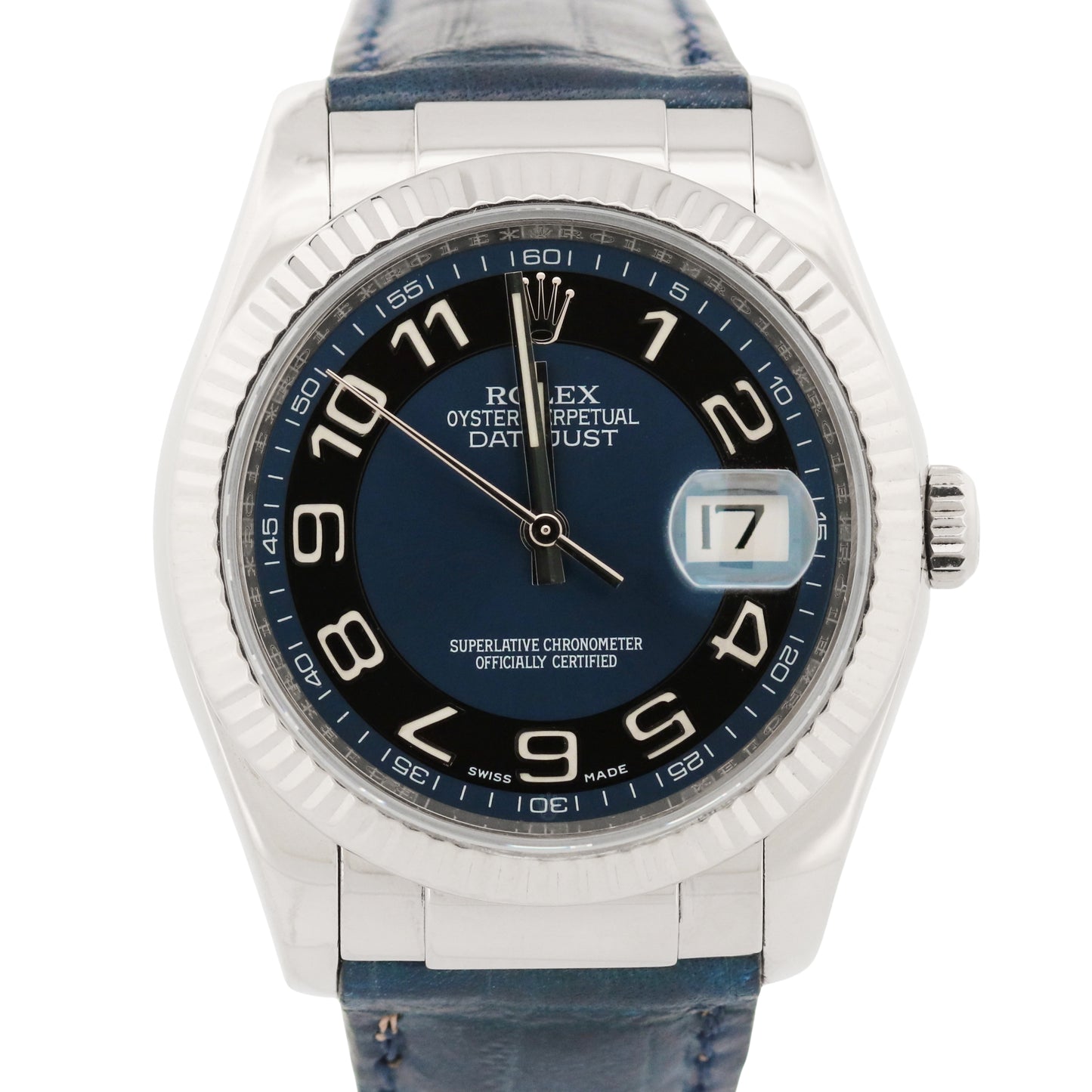 Rolex DateJust Blue Black CONCENTRIC 18K White Gold Fluted 36mm Leather 116139