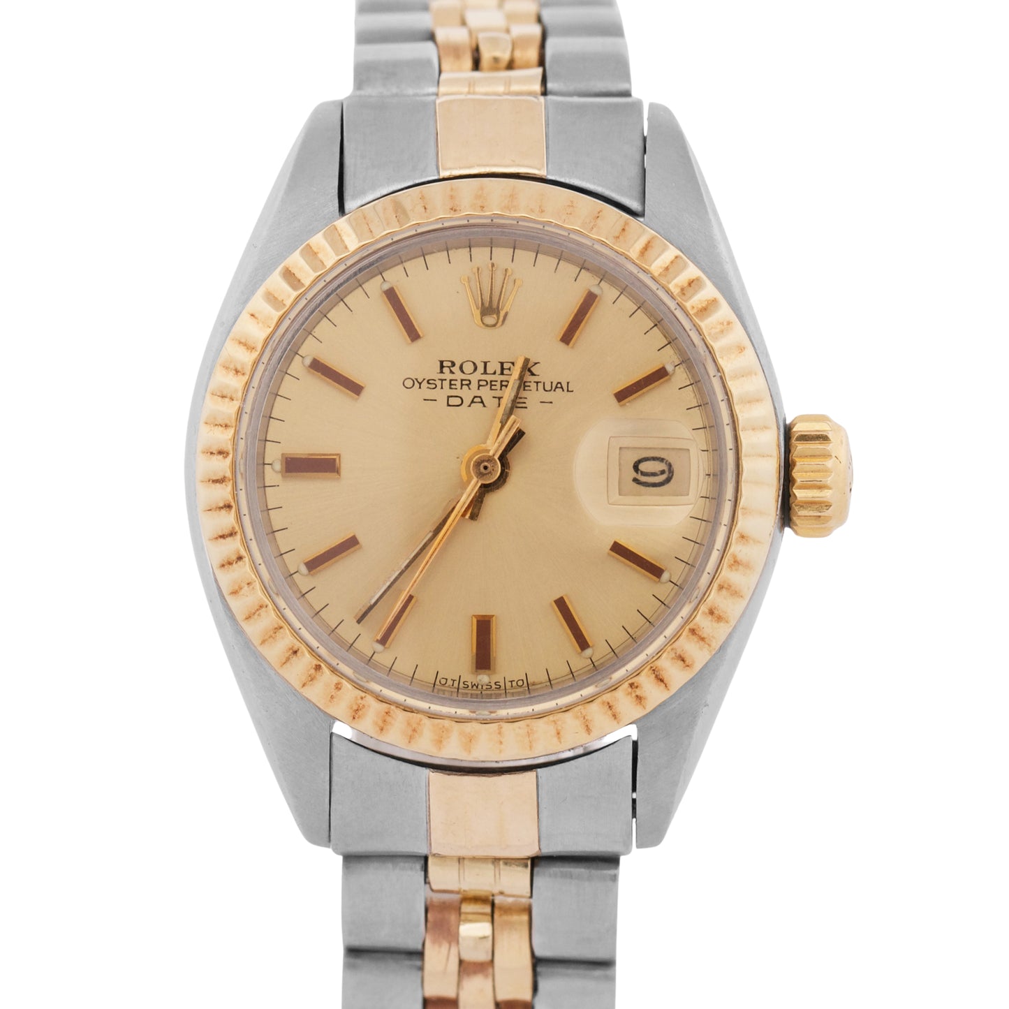 1974 Rolex Date 26mm CHAMPAGNE 18K Yellow Gold Steel Fluted JUBILEE 6917 Watch
